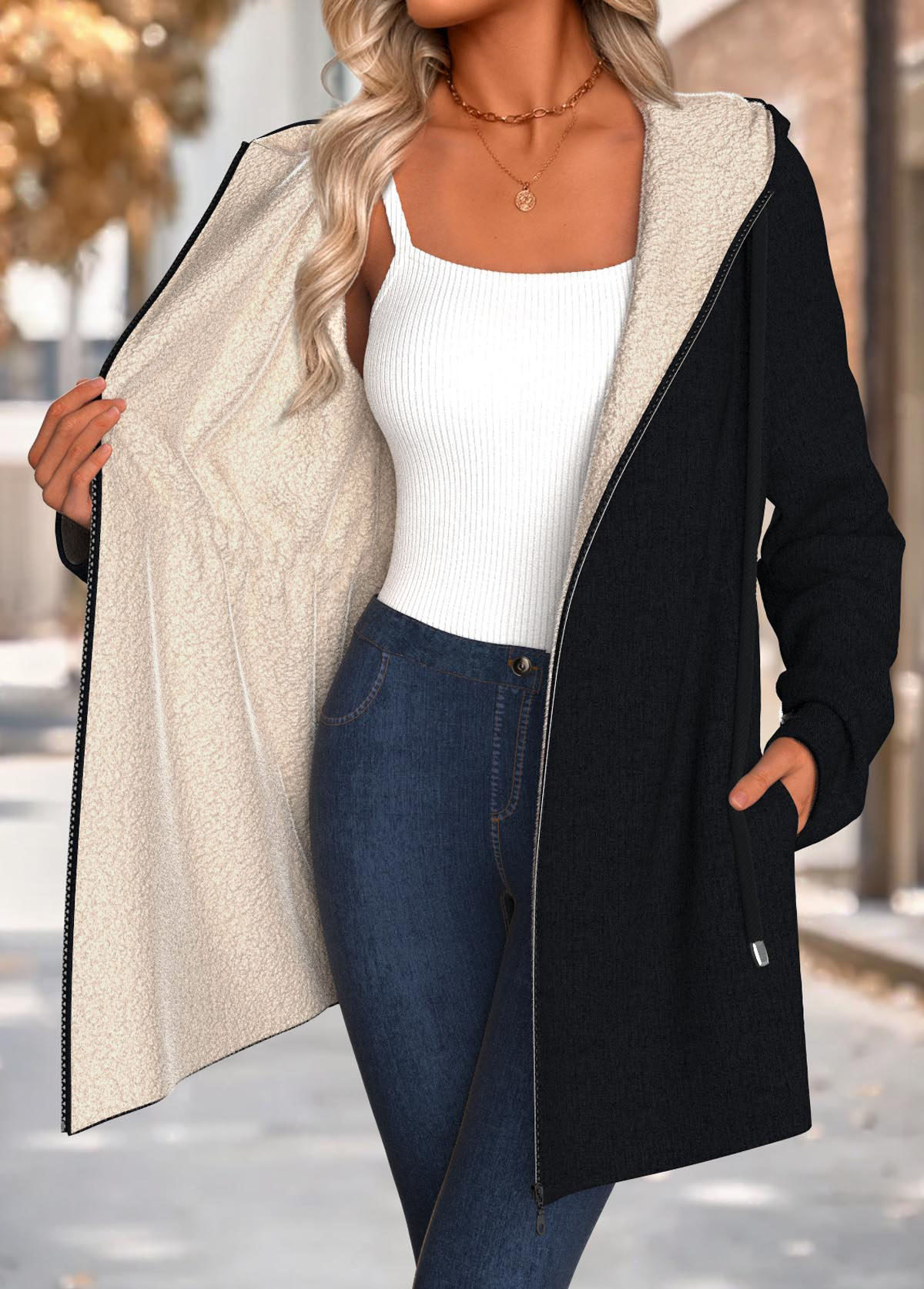 Black Tummy Coverage Long Sleeve Hooded Coat | picture 