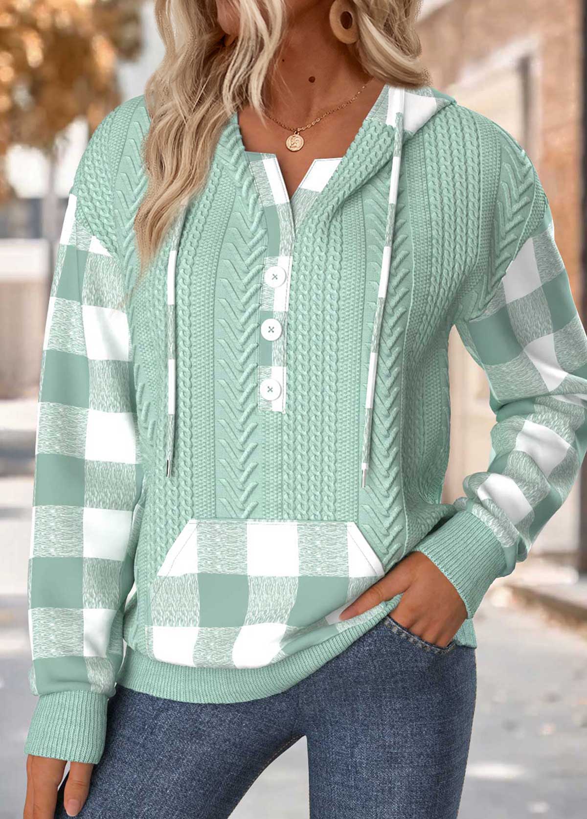 Plus Size Sage Green Tummy Coverage Plaid Hoodie | picture 