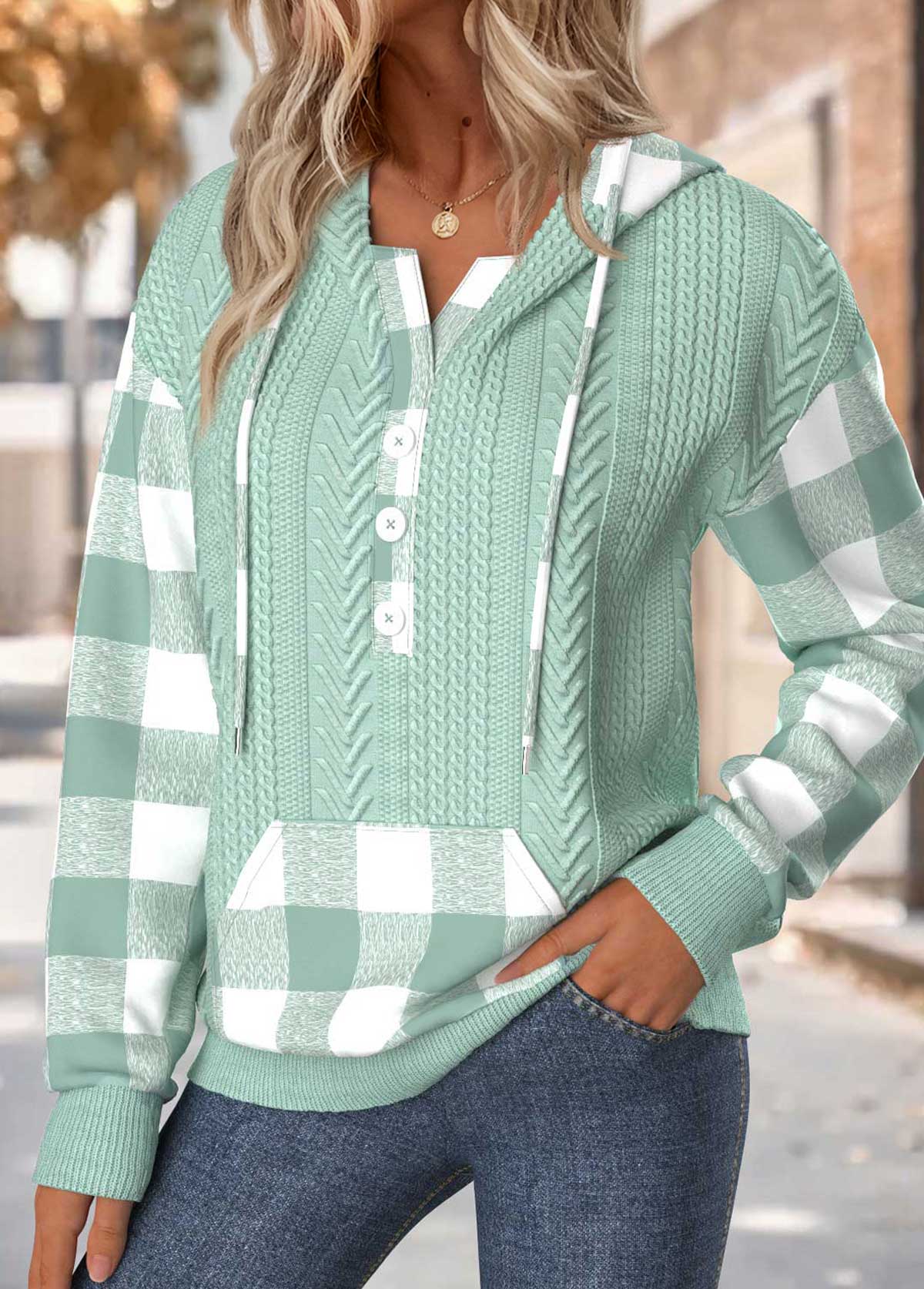Plus Size Sage Green Tummy Coverage Plaid Hoodie | picture 