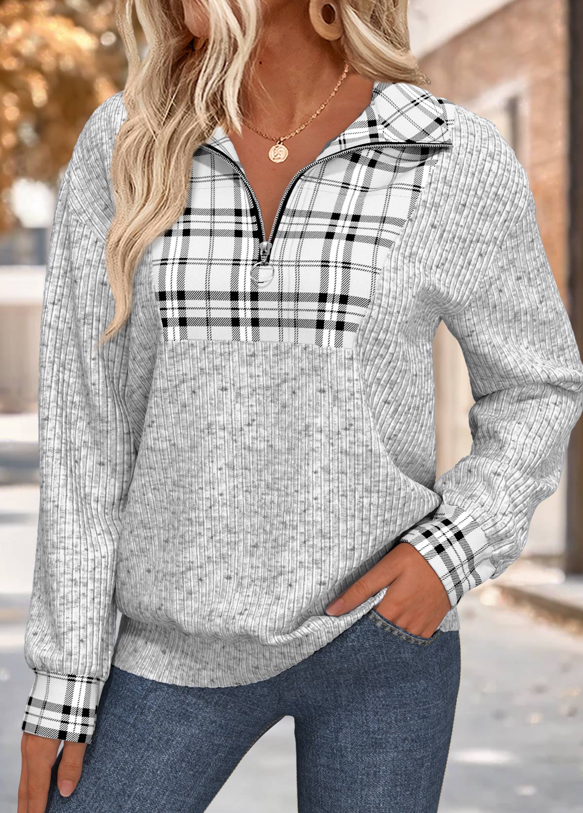 Grey Plaid Long Sleeve Turn Down Collar Sweatshirt | picture 