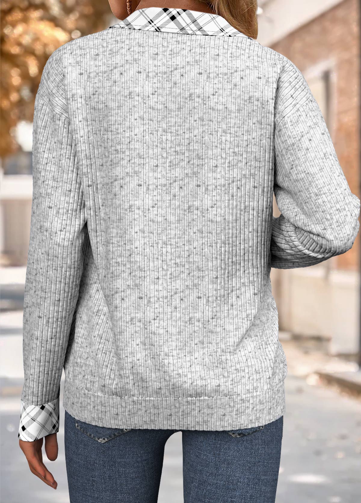 Grey Plaid Long Sleeve Turn Down Collar Sweatshirt | picture 