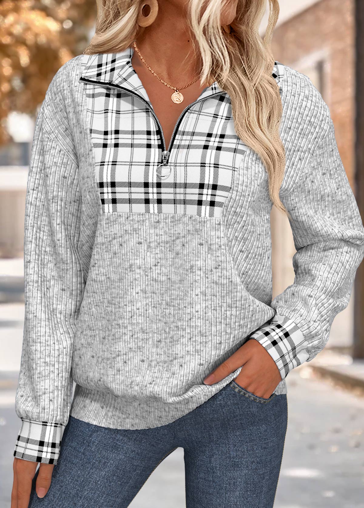 Grey Plaid Long Sleeve Turn Down Collar Sweatshirt | picture 