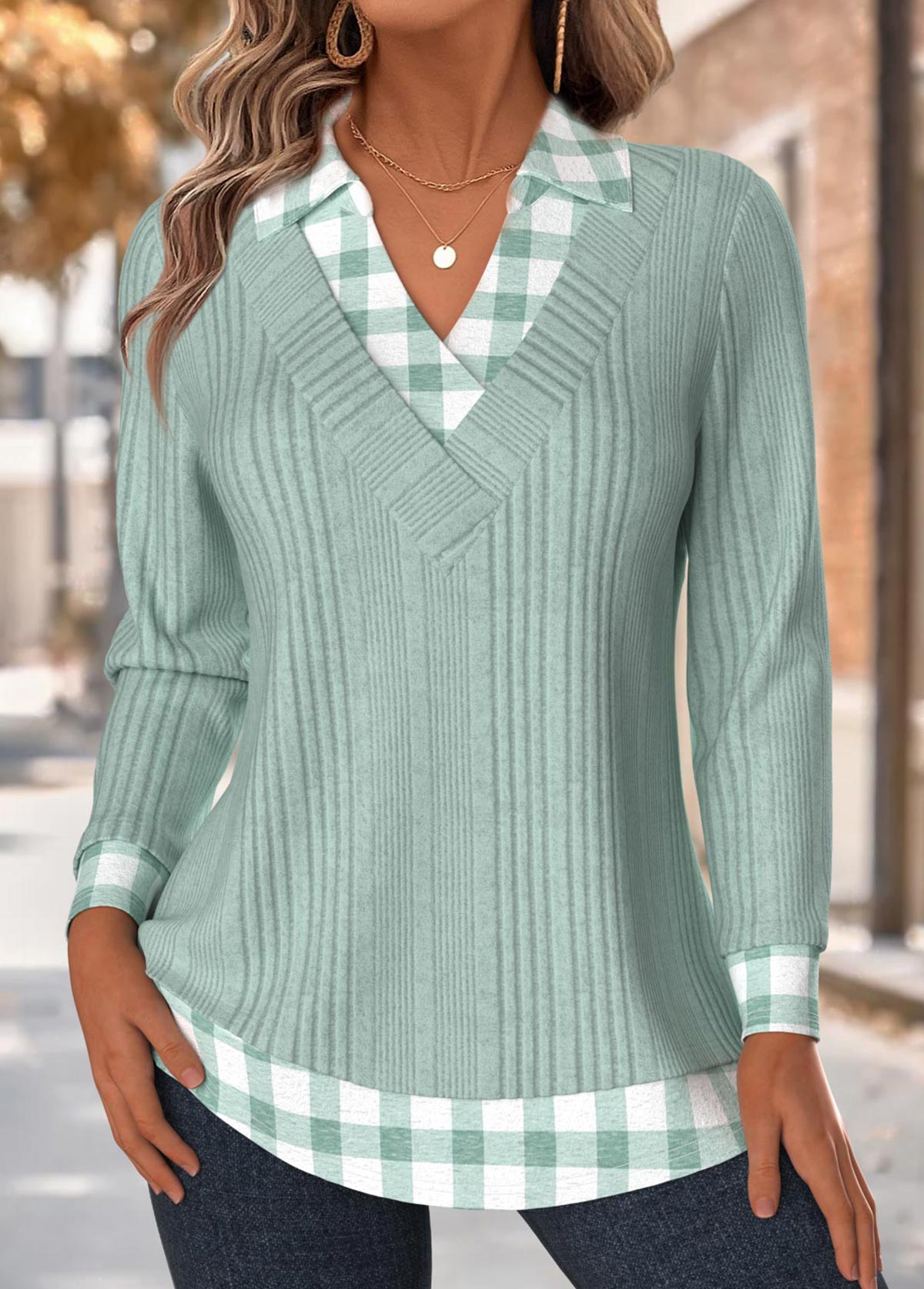 Light Green Tummy Coverage Plaid Long Sleeve T Shirt | picture 