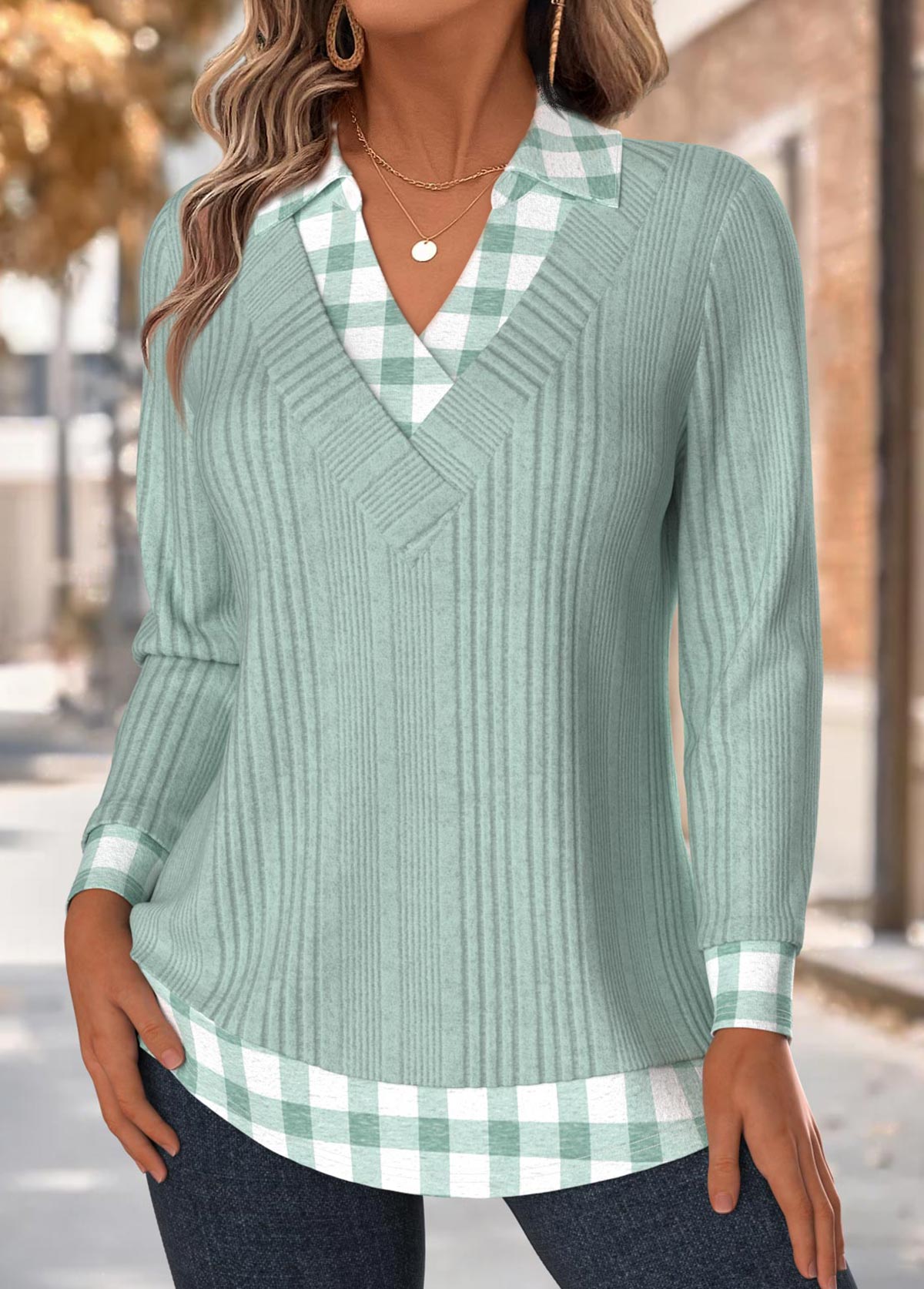 Light Green Tummy Coverage Plaid Long Sleeve T Shirt | picture 
