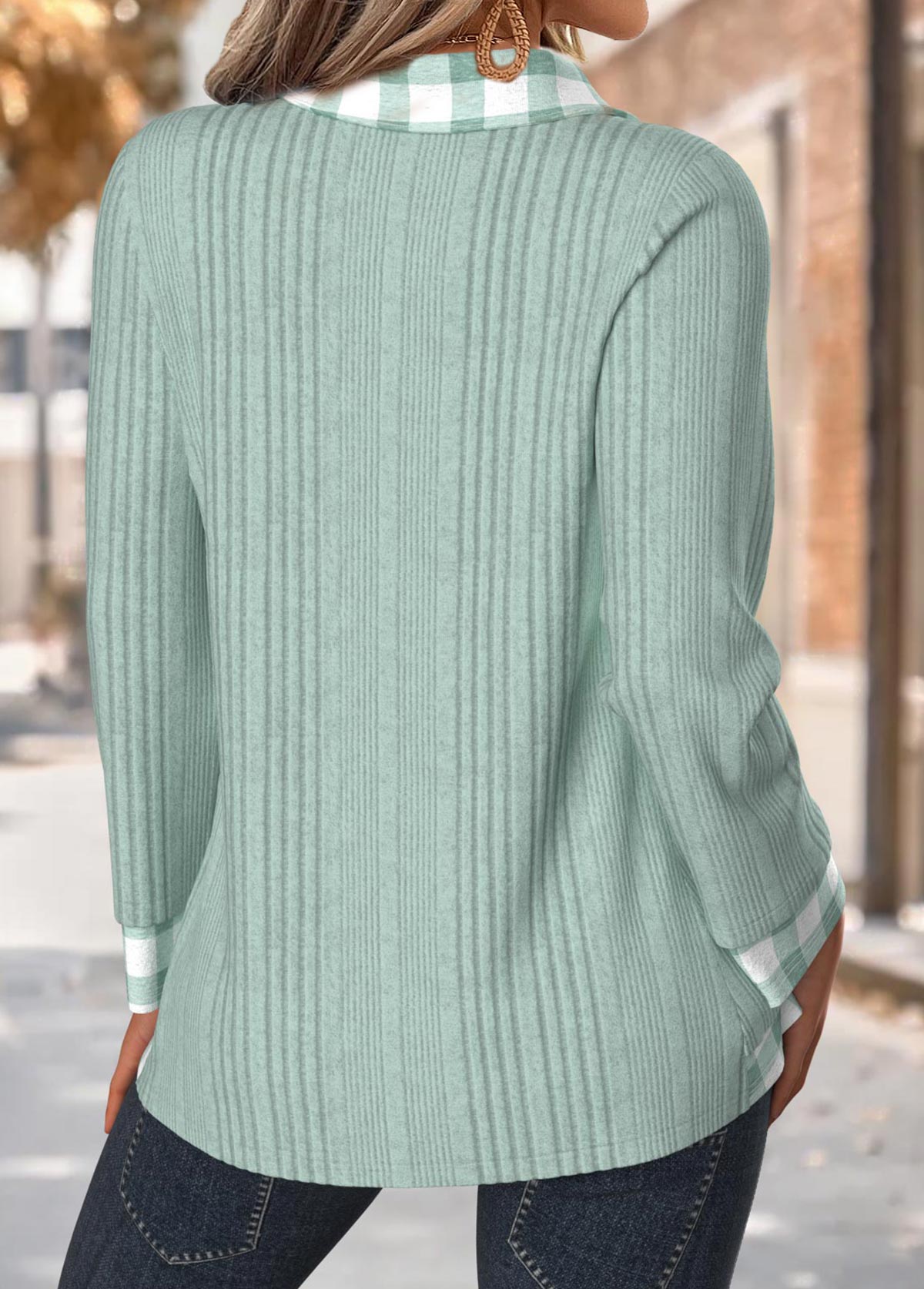 Light Green Tummy Coverage Plaid Long Sleeve T Shirt | picture 