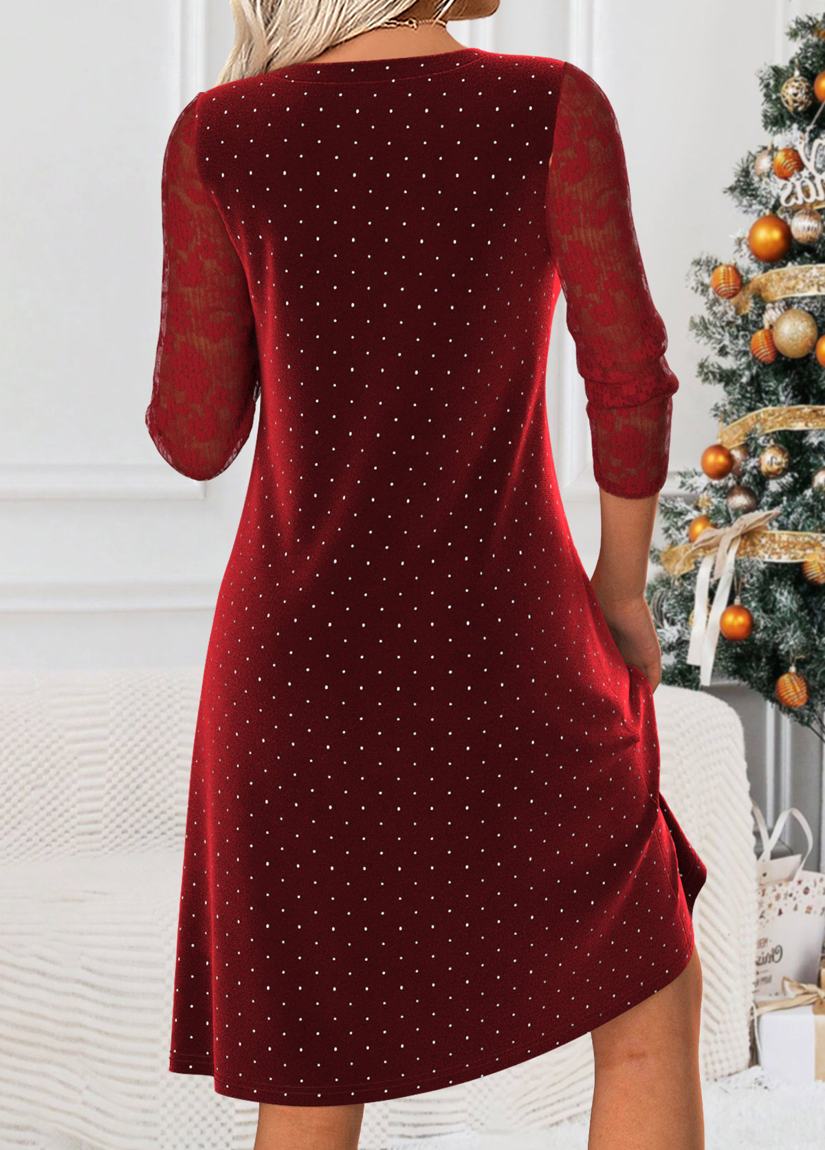 Wine Red Tummy Coverage Polka Dot Long Sleeve Dress | picture 