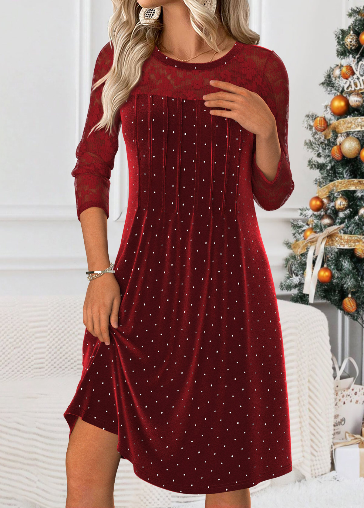 Wine Red Tummy Coverage Polka Dot Long Sleeve Dress | picture 