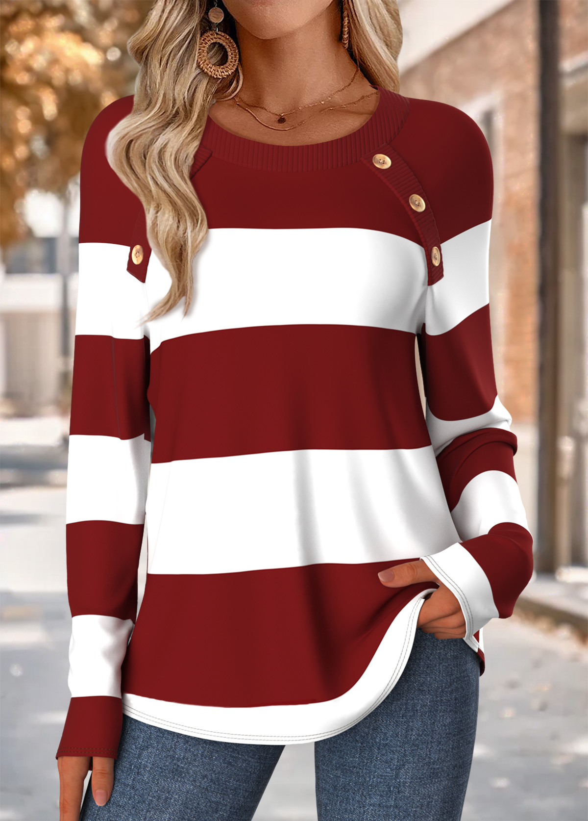 Wine Red Tummy Coverage Striped Long Sleeve T Shirt | picture 