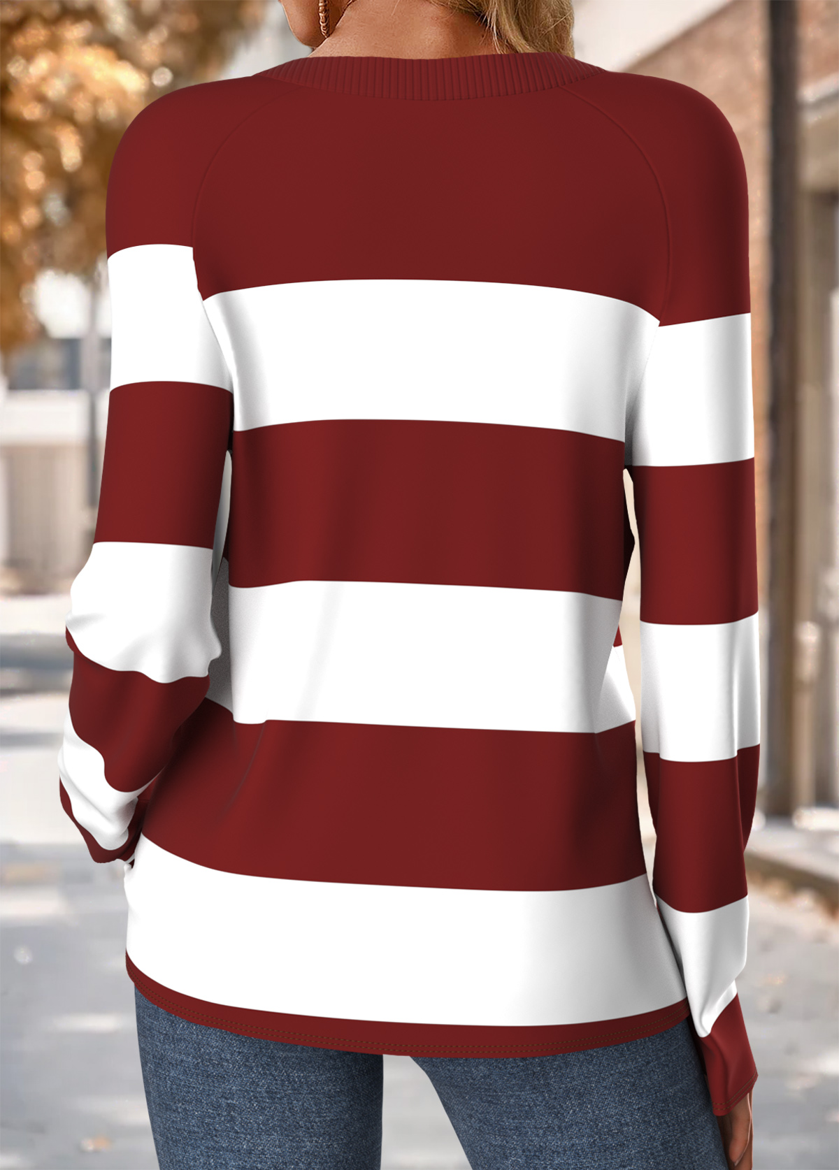 Wine Red Tummy Coverage Striped Long Sleeve T Shirt | picture 