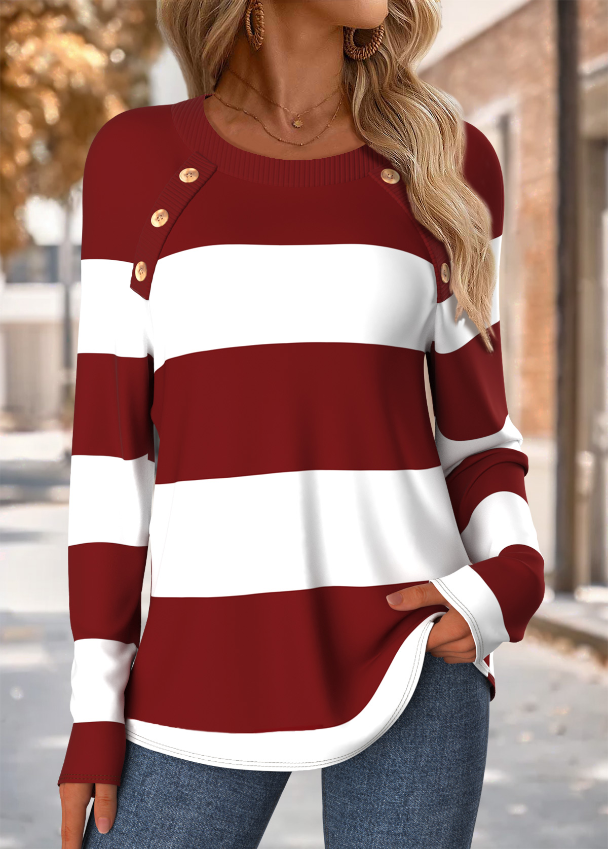 Wine Red Tummy Coverage Striped Long Sleeve T Shirt | picture 