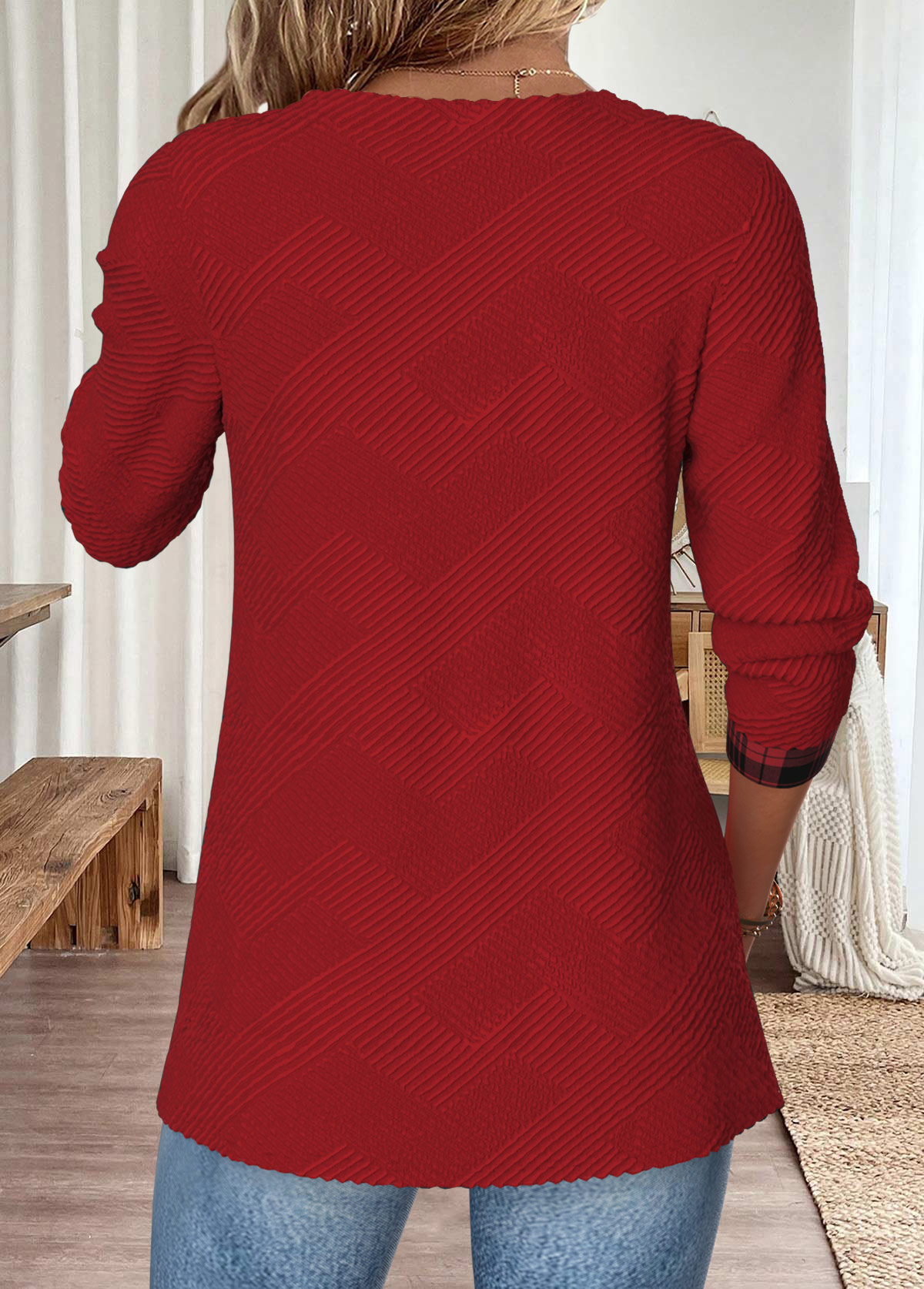 Wine Red Tummy Coverage Plaid Long Sleeve Blouse | picture 