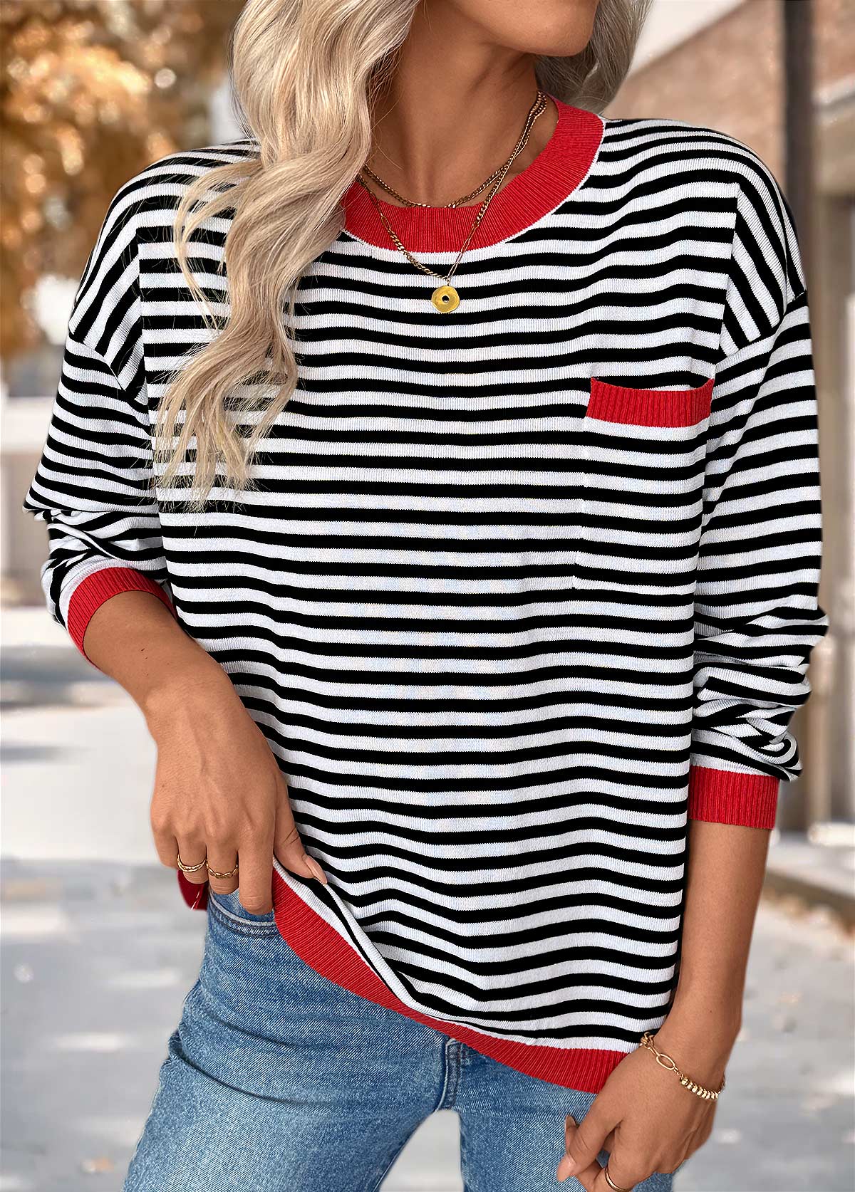 Black Patch Pocket Striped Long Sleeve Round Neck Sweater | picture 