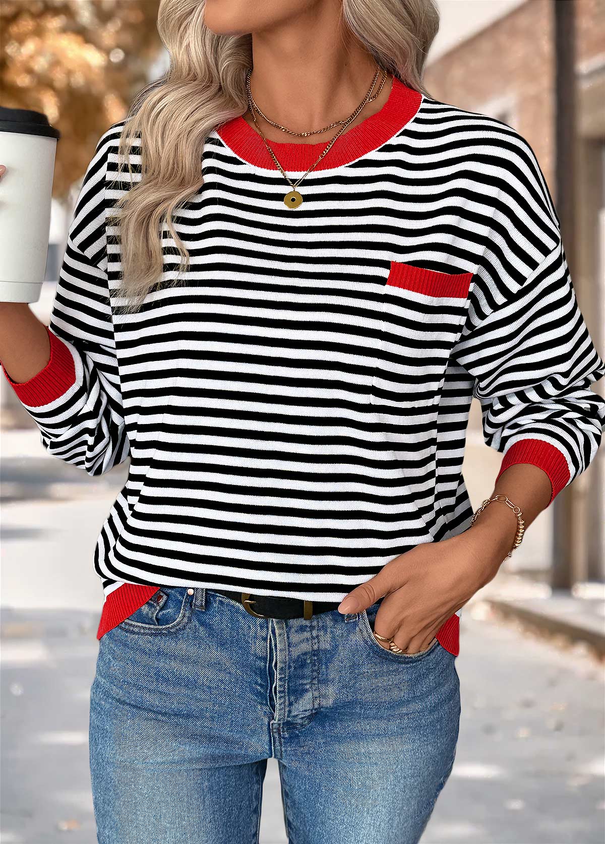 Black Patch Pocket Striped Long Sleeve Round Neck Sweater | picture 