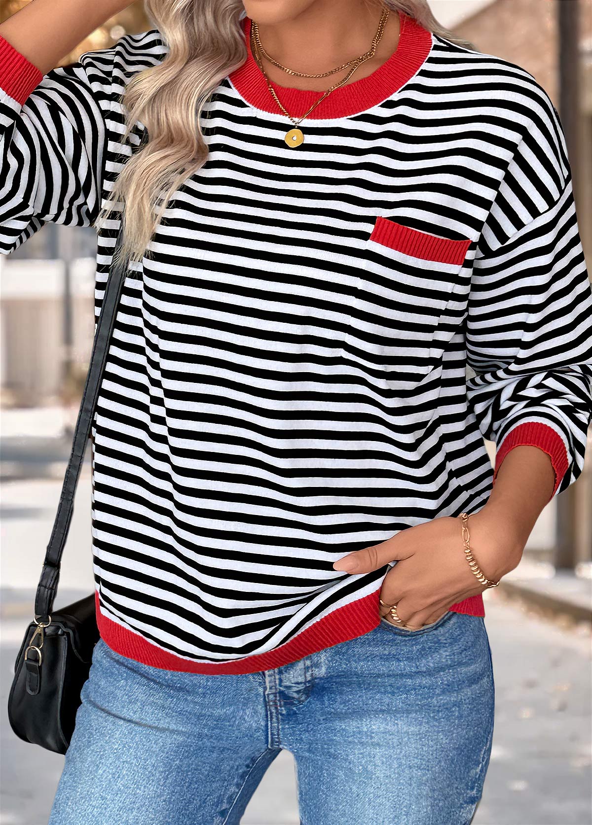 Black Patch Pocket Striped Long Sleeve Round Neck Sweater | picture 