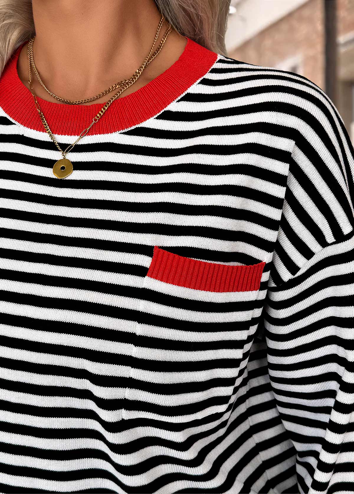Black Patch Pocket Striped Long Sleeve Round Neck Sweater | picture 