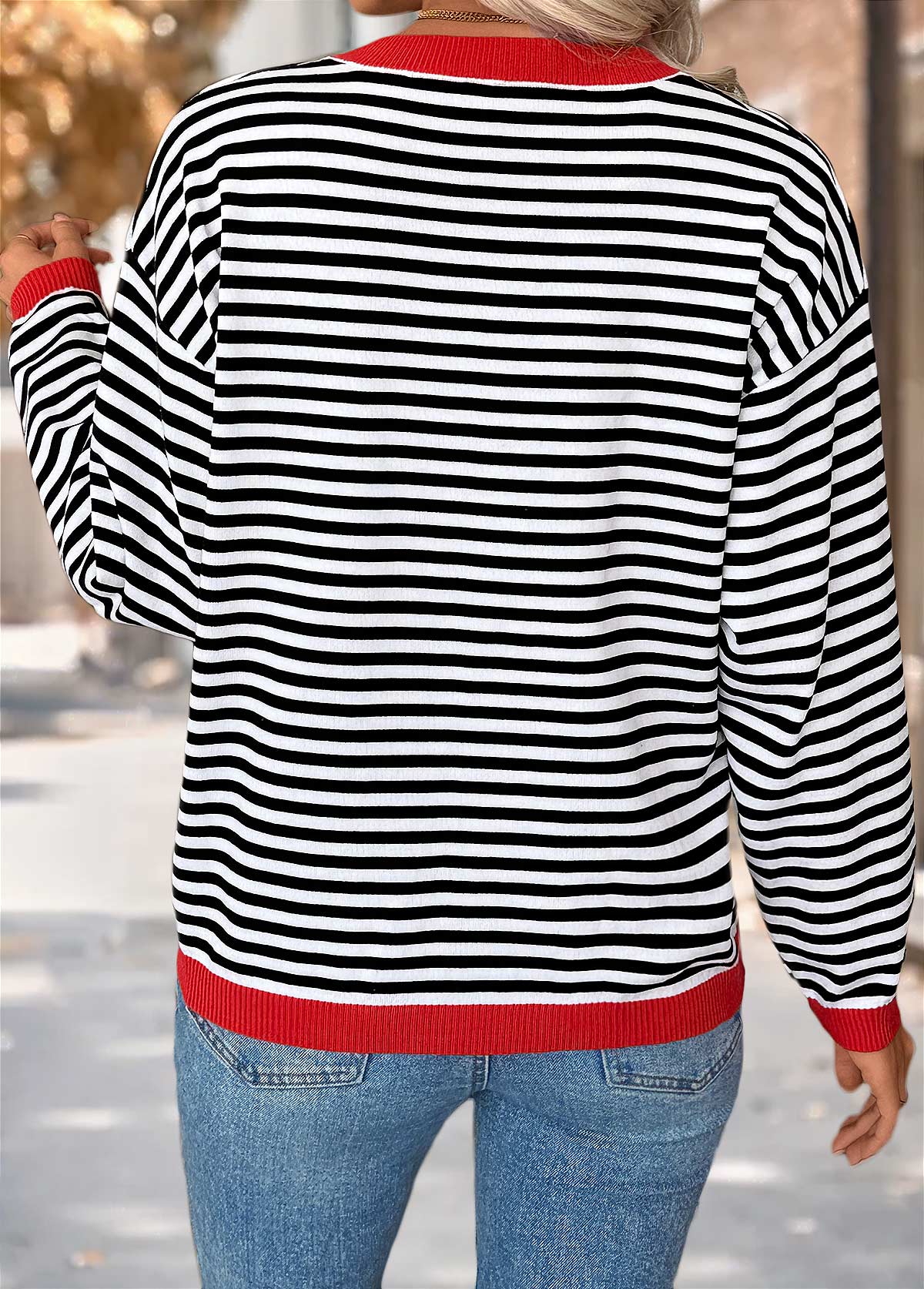 Black Patch Pocket Striped Long Sleeve Round Neck Sweater | picture 