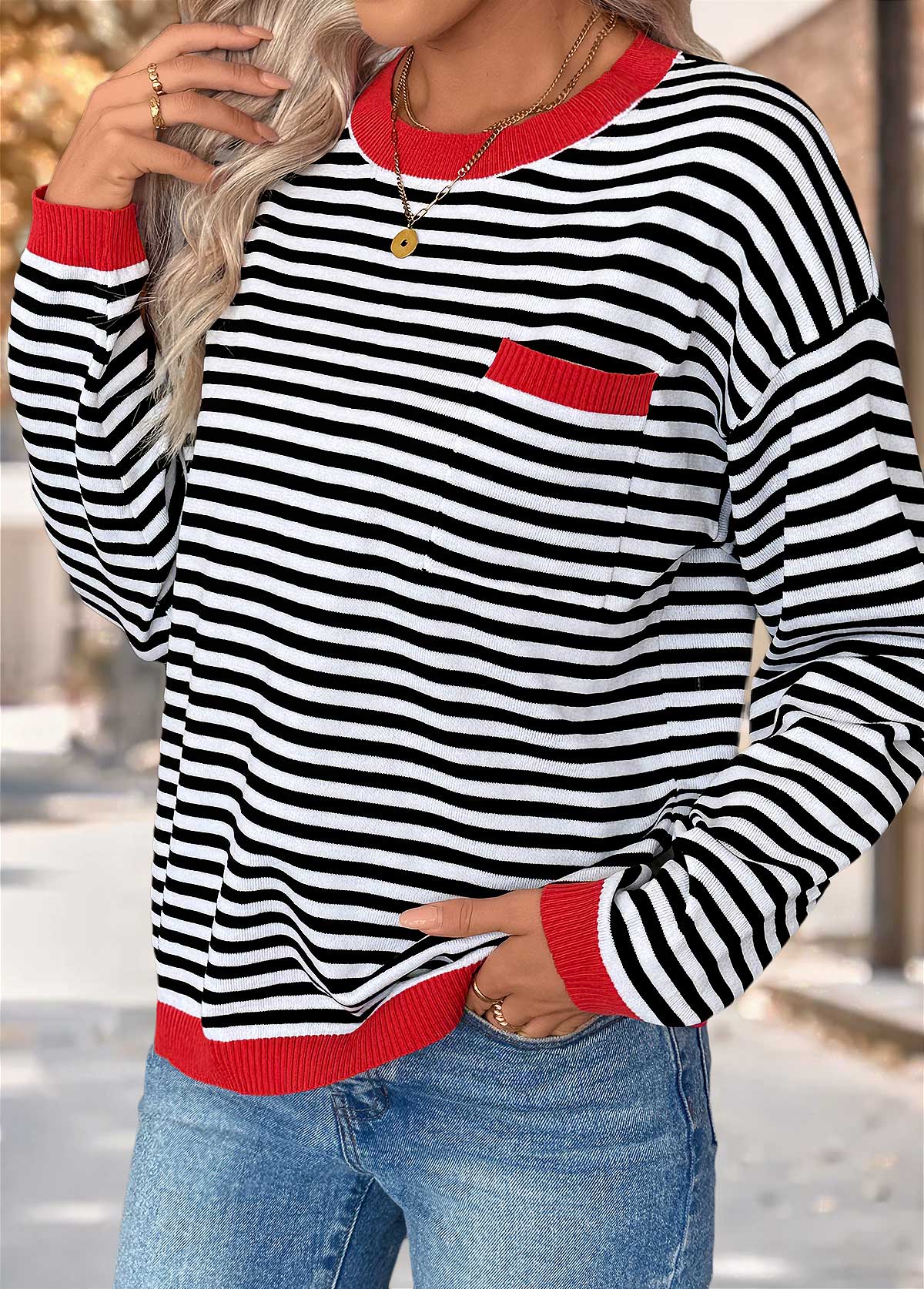 Black Patch Pocket Striped Long Sleeve Round Neck Sweater | picture 