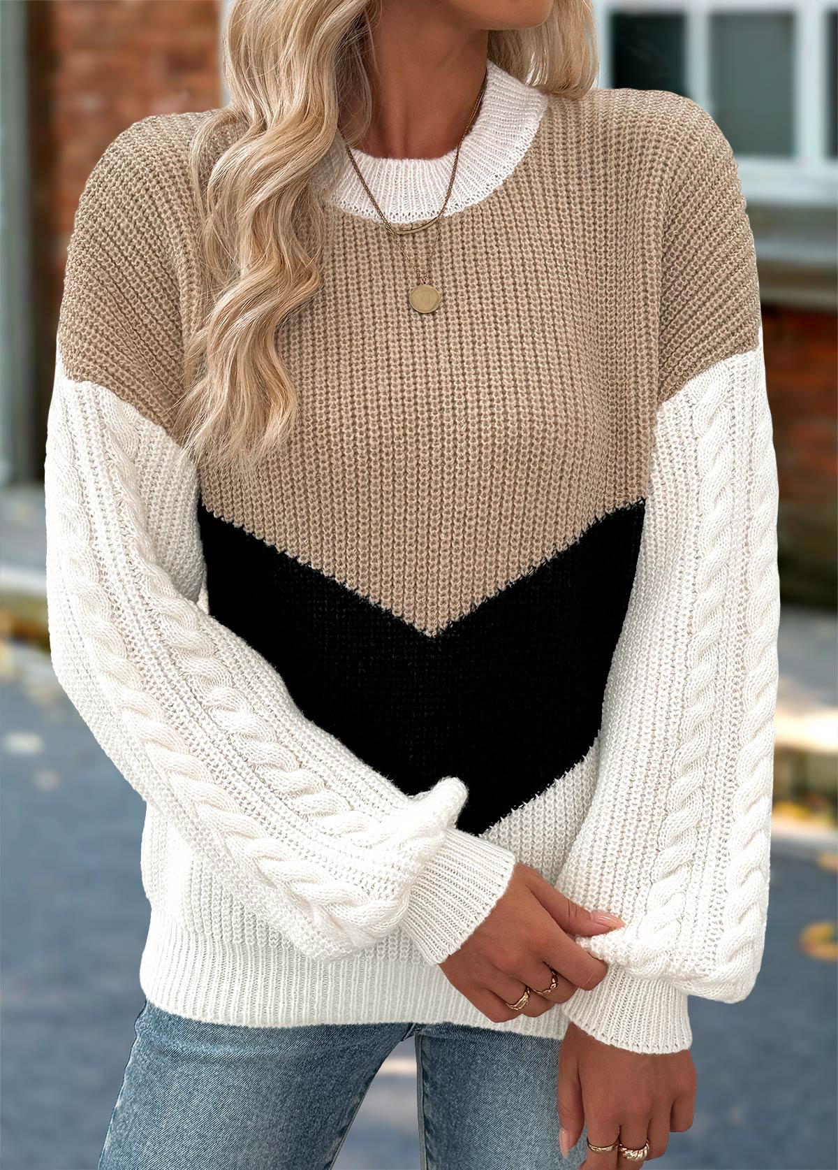 Light Camel Tummy Coverage Long Sleeve Round Neck Sweater | picture 