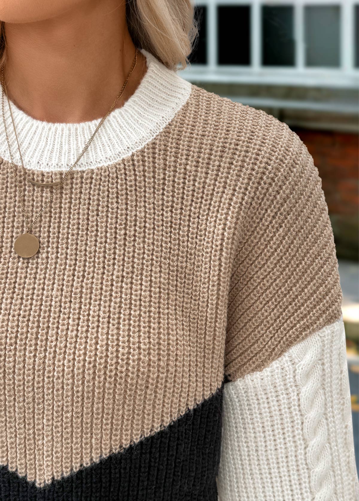 Light Camel Tummy Coverage Long Sleeve Round Neck Sweater | picture 