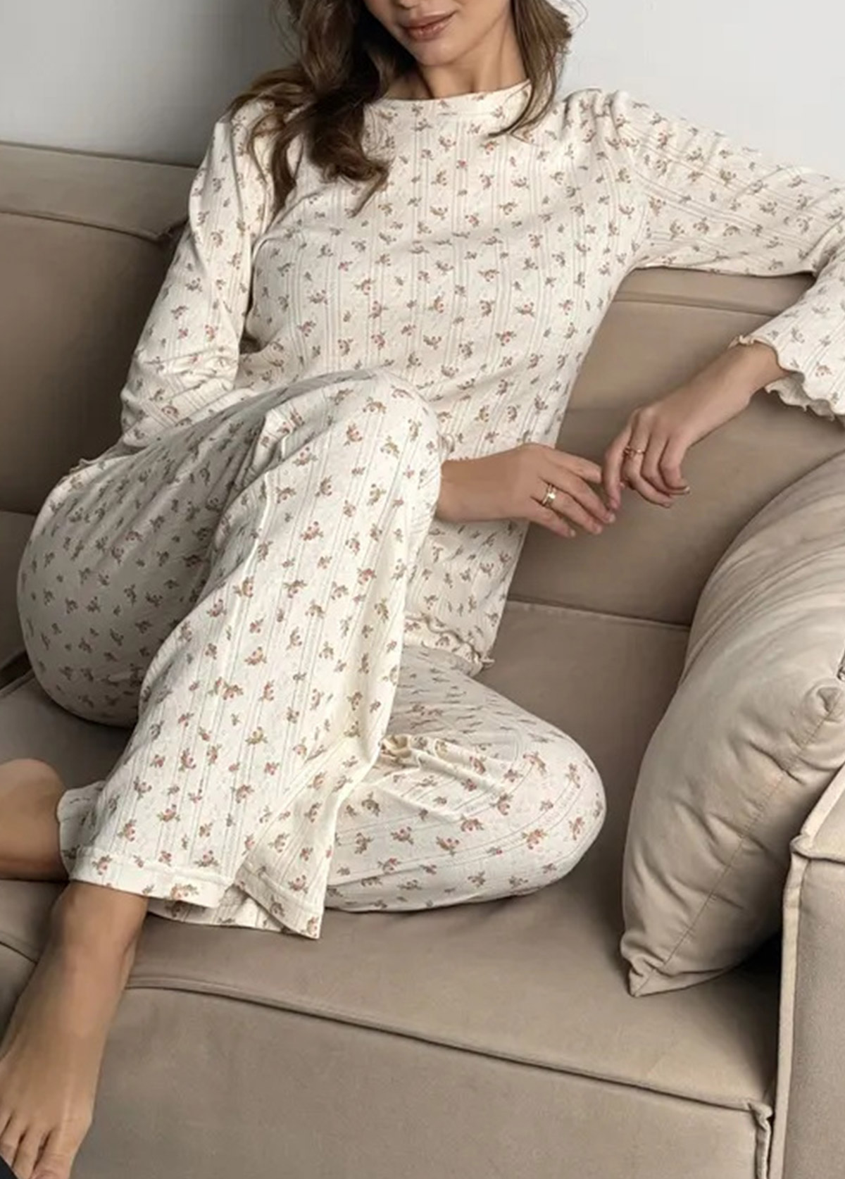 Beige Ditsy Floral Print Lounge Top and Pants | picture 