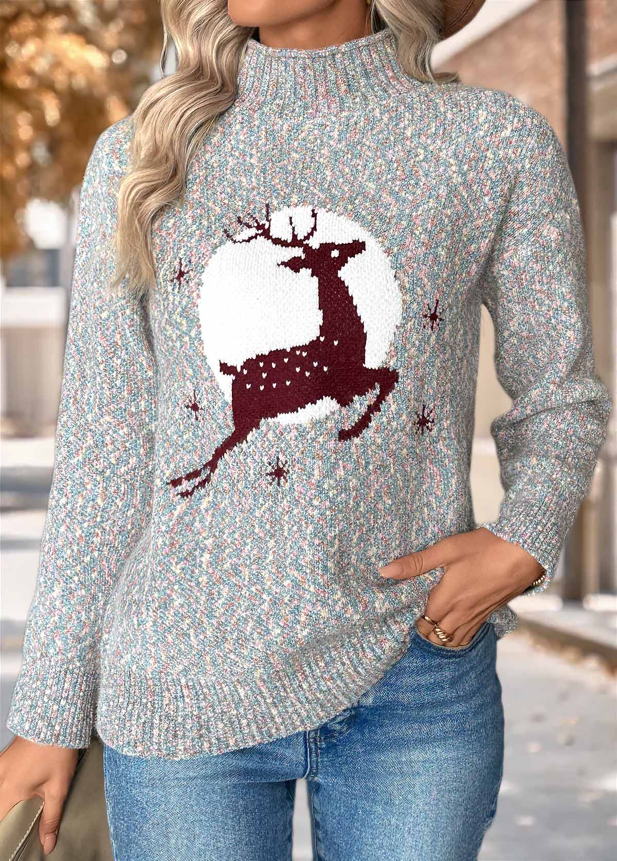 Christmas Multi Color Tummy Coverage Elk Print Sweater | picture 