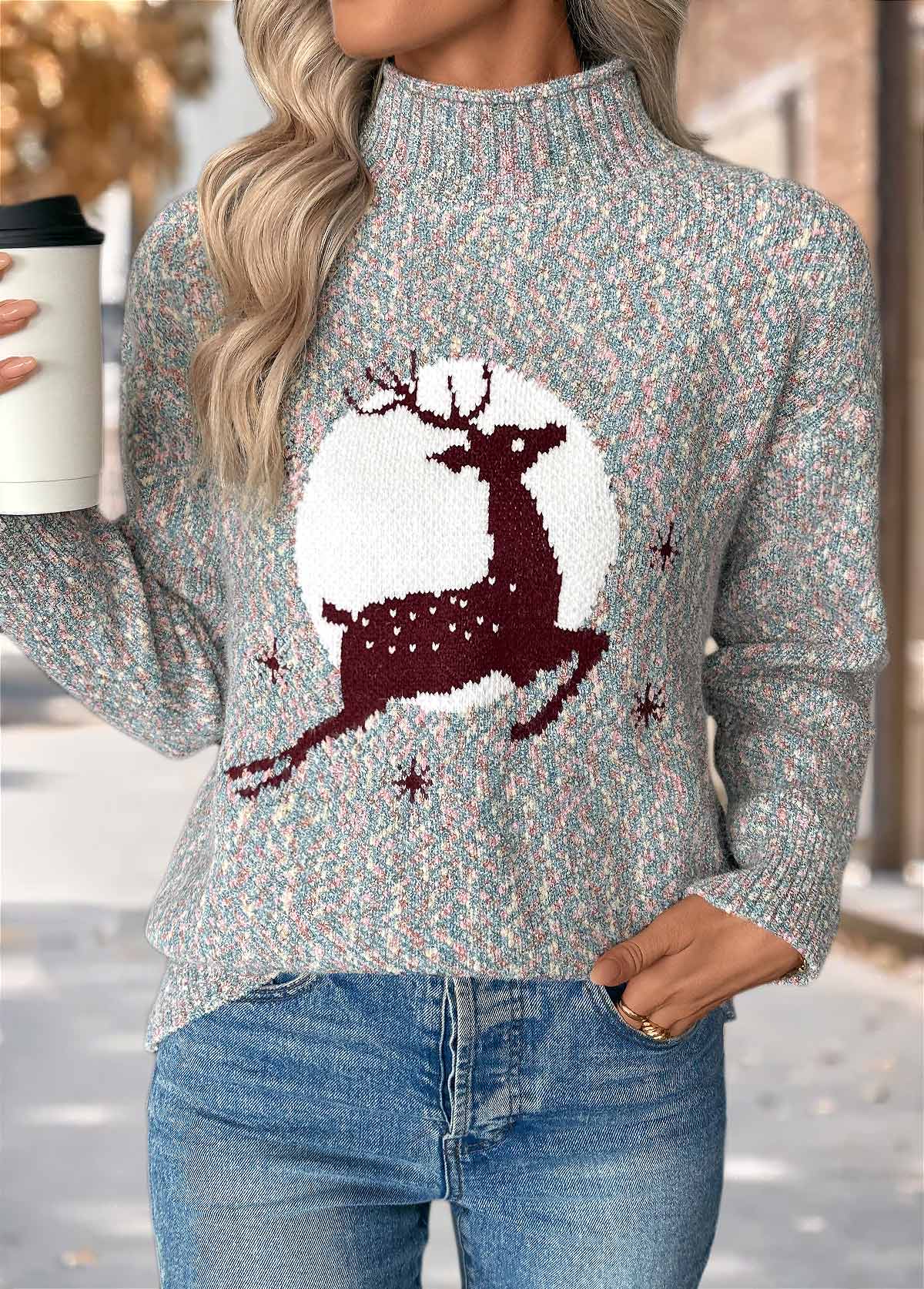 Christmas Multi Color Tummy Coverage Elk Print Sweater | picture 