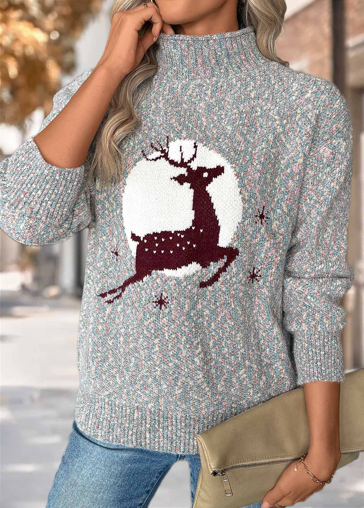 Christmas Multi Color Tummy Coverage Elk Print Sweater | picture 