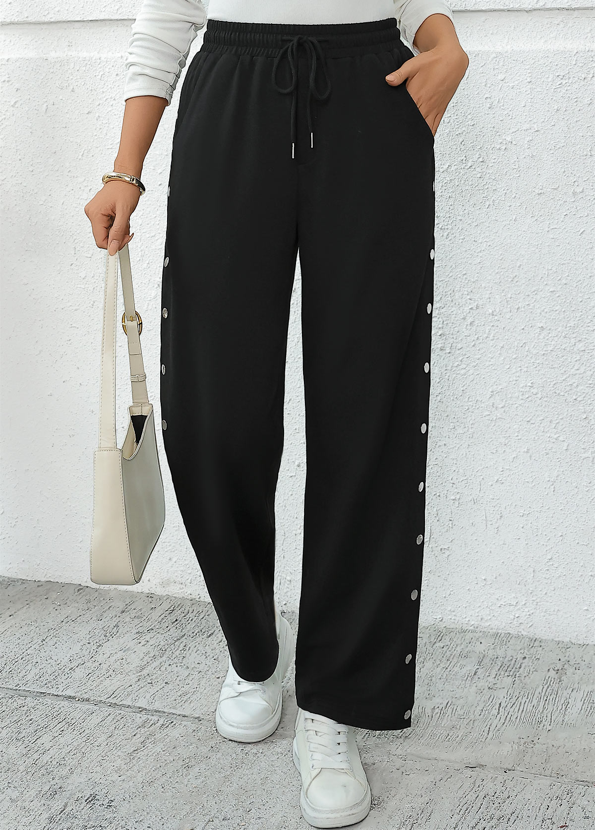 Black Pocket Wide Leg Elastic Waist High Waisted Pants | picture 
