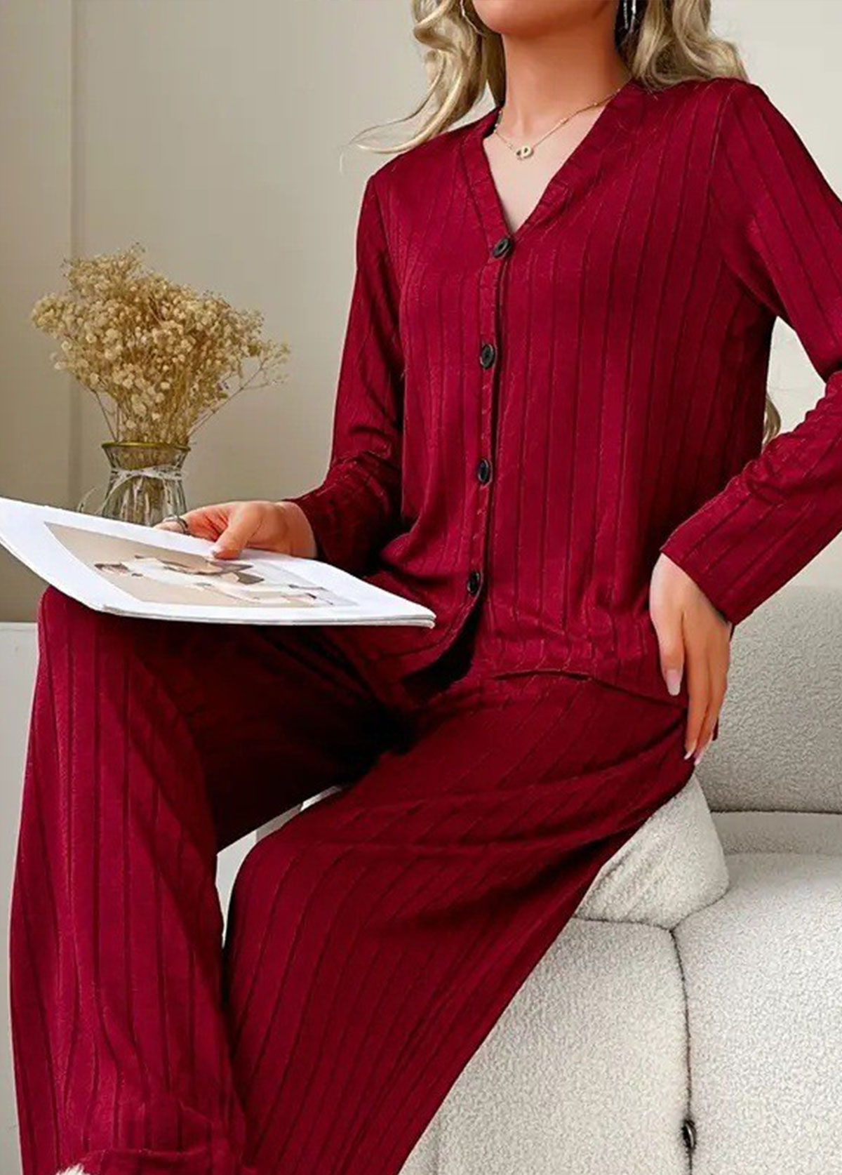 Wine Red Long Sleeve Lounge Top and Pants | picture 