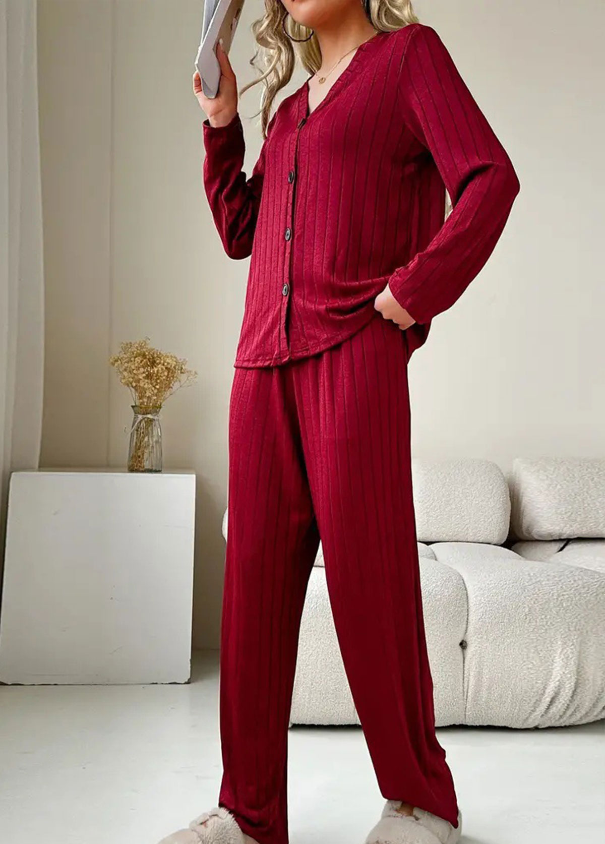 Wine Red Long Sleeve Lounge Top and Pants | picture 