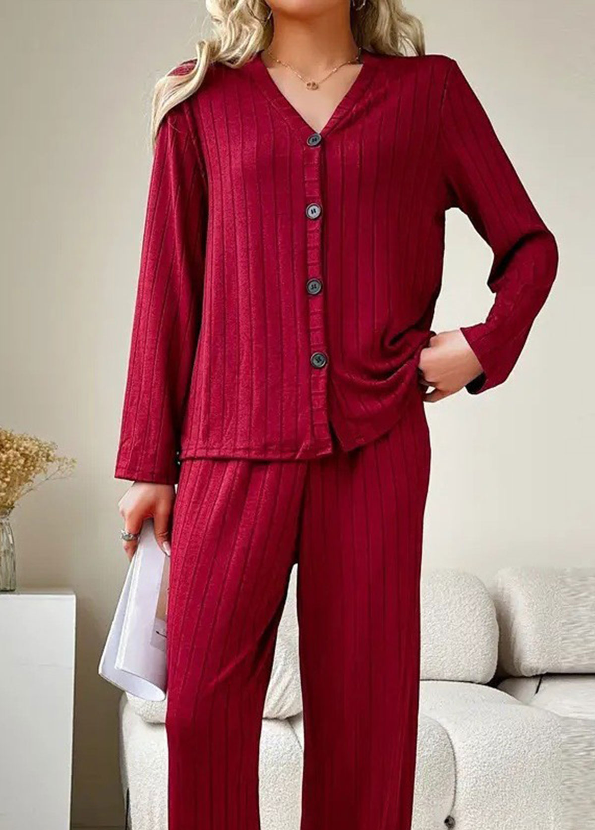 Wine Red Long Sleeve Lounge Top and Pants | picture 