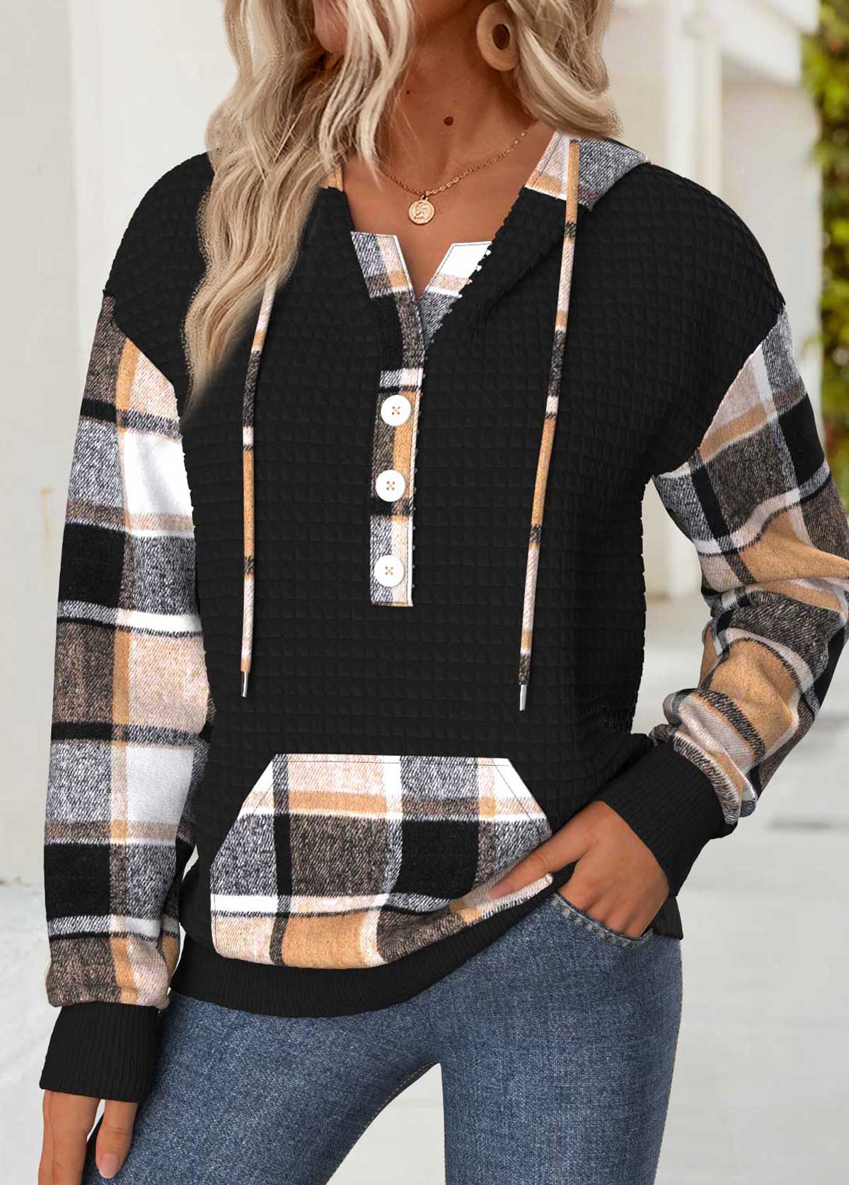 Black Tummy Coverage Plaid Long Sleeve Hoodie | picture 