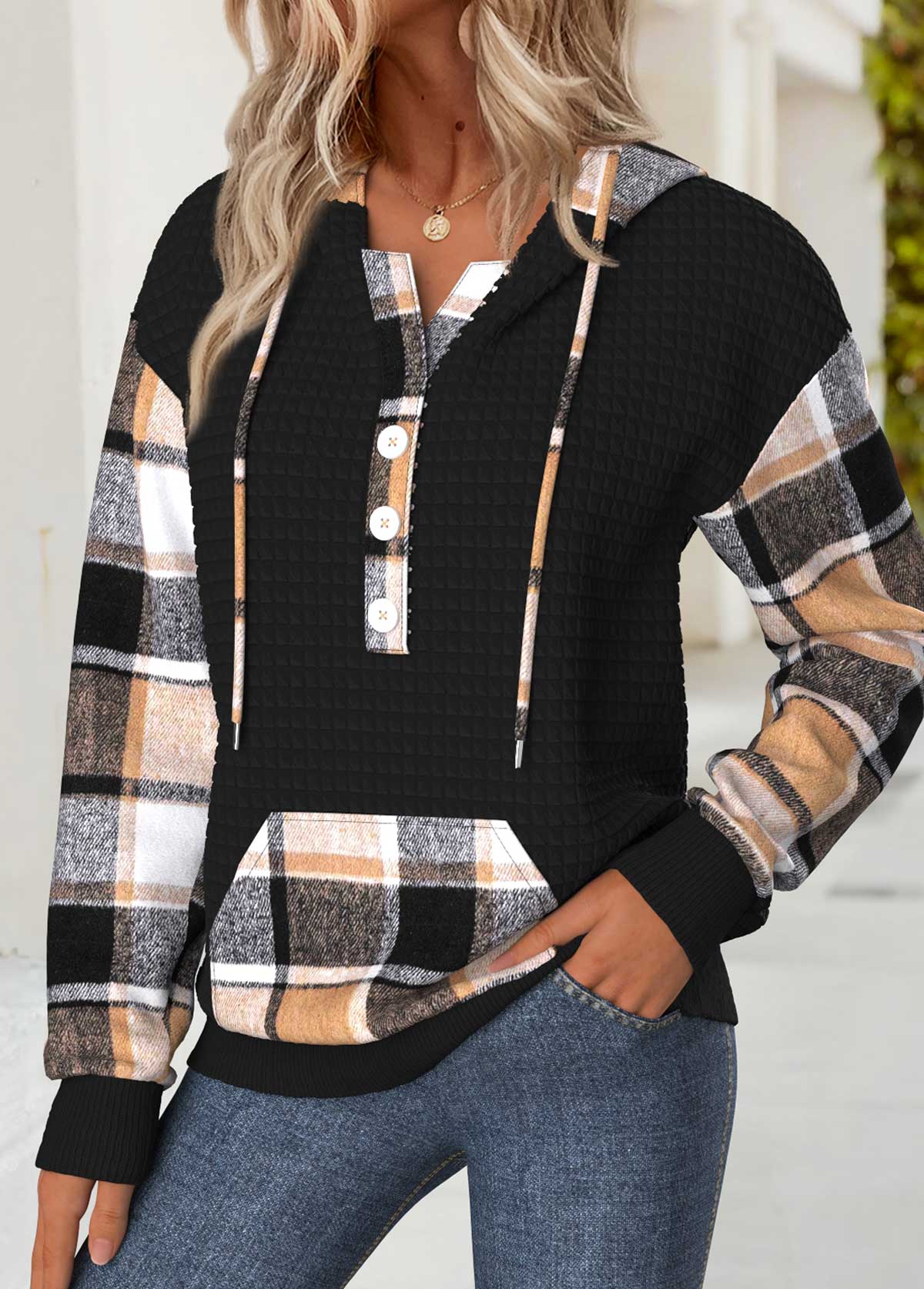 Black Tummy Coverage Plaid Long Sleeve Hoodie | picture 