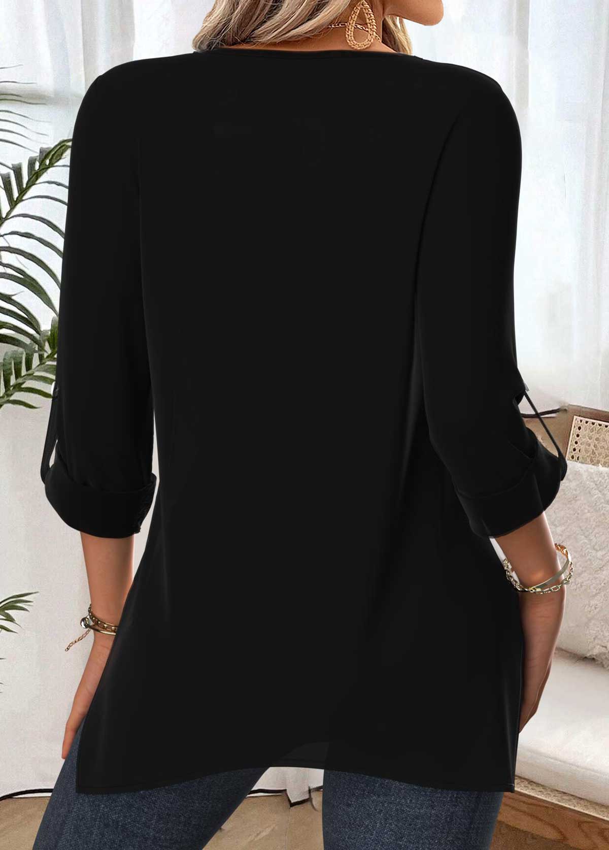 Black Tummy Coverage Geometric Print Long Sleeve Blouse | picture 