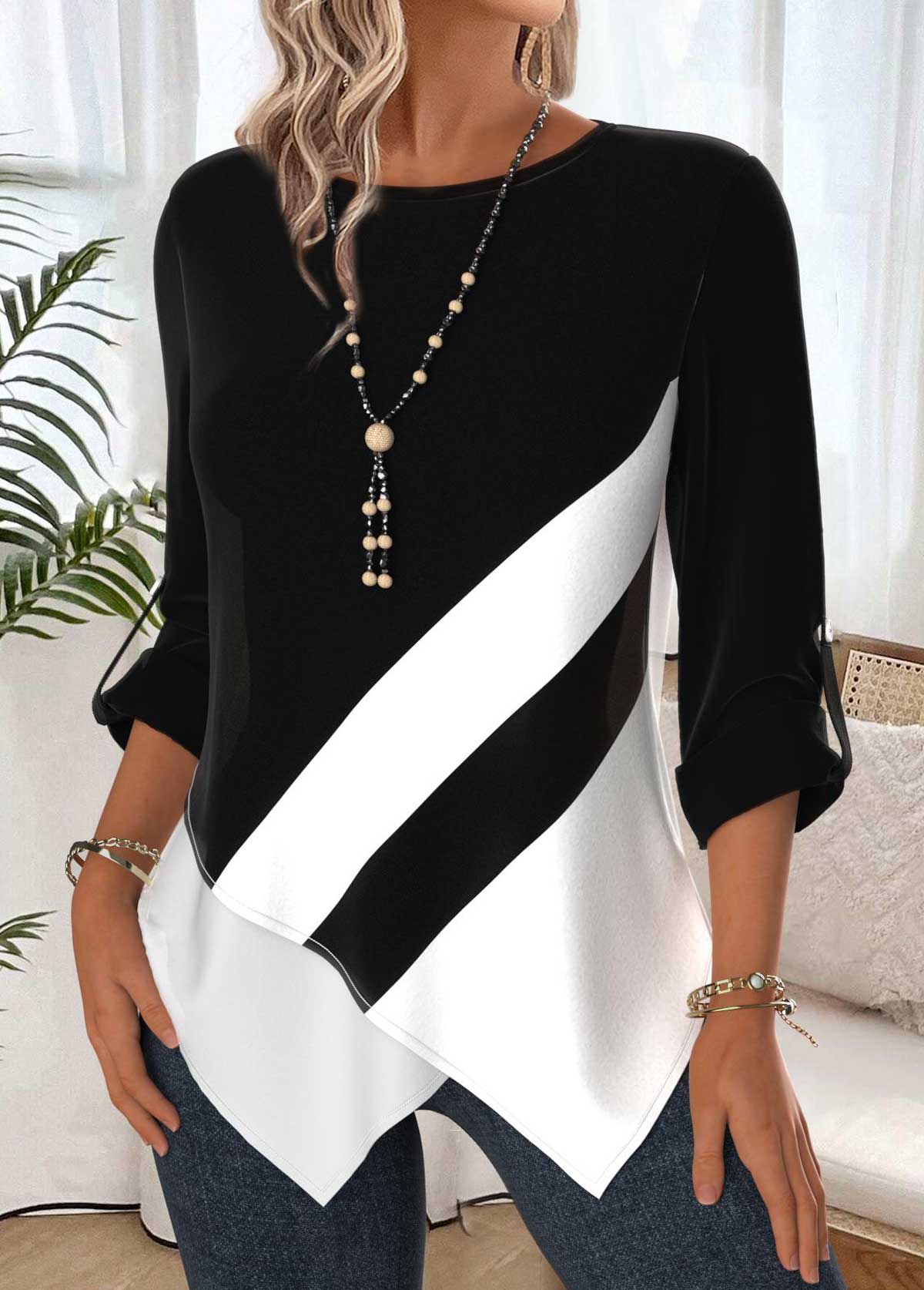 Black Tummy Coverage Geometric Print Long Sleeve Blouse | picture 