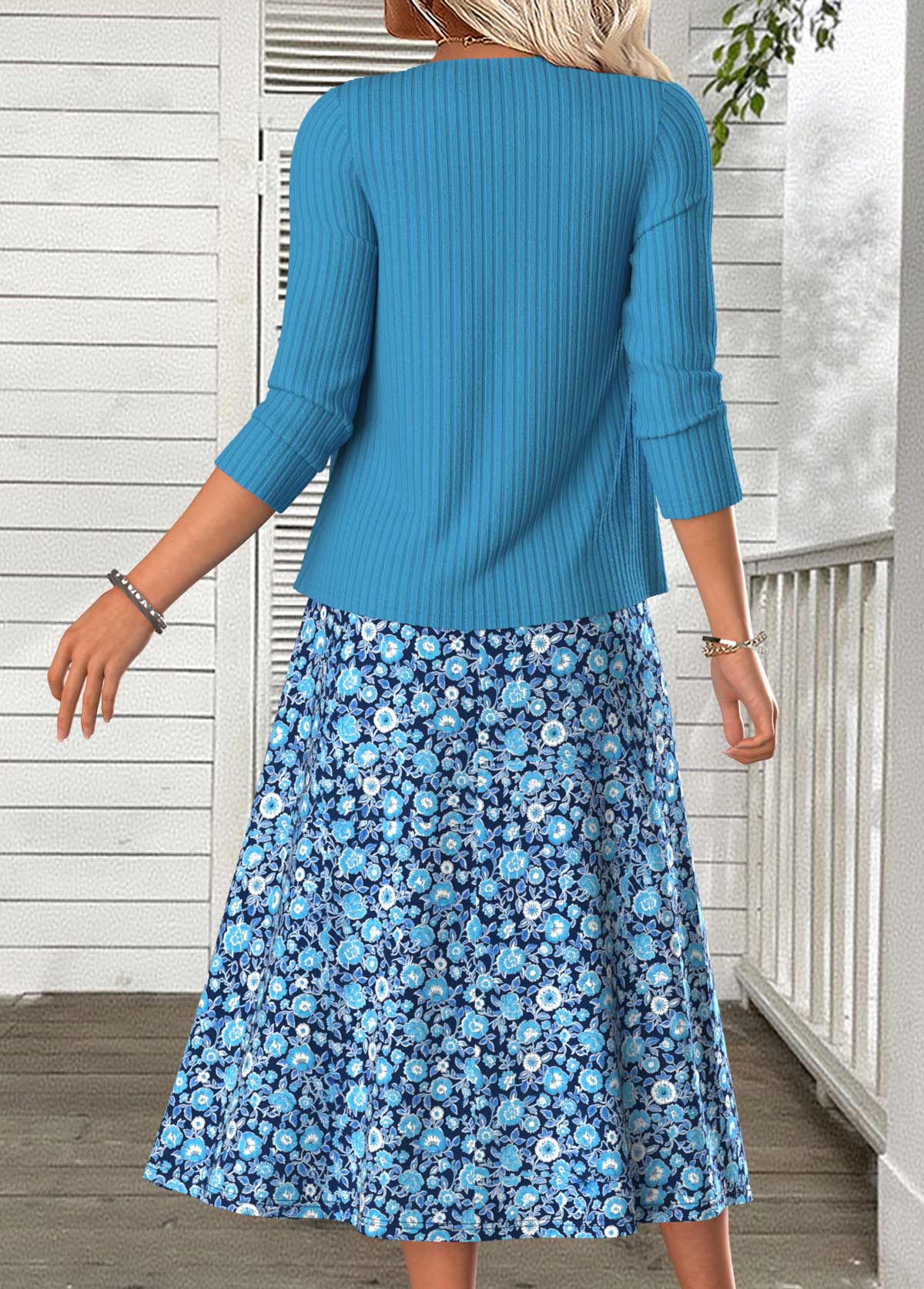 Sky Blue Tummy Coverage Bracelet Sleeve Dress and Cardigan | picture 