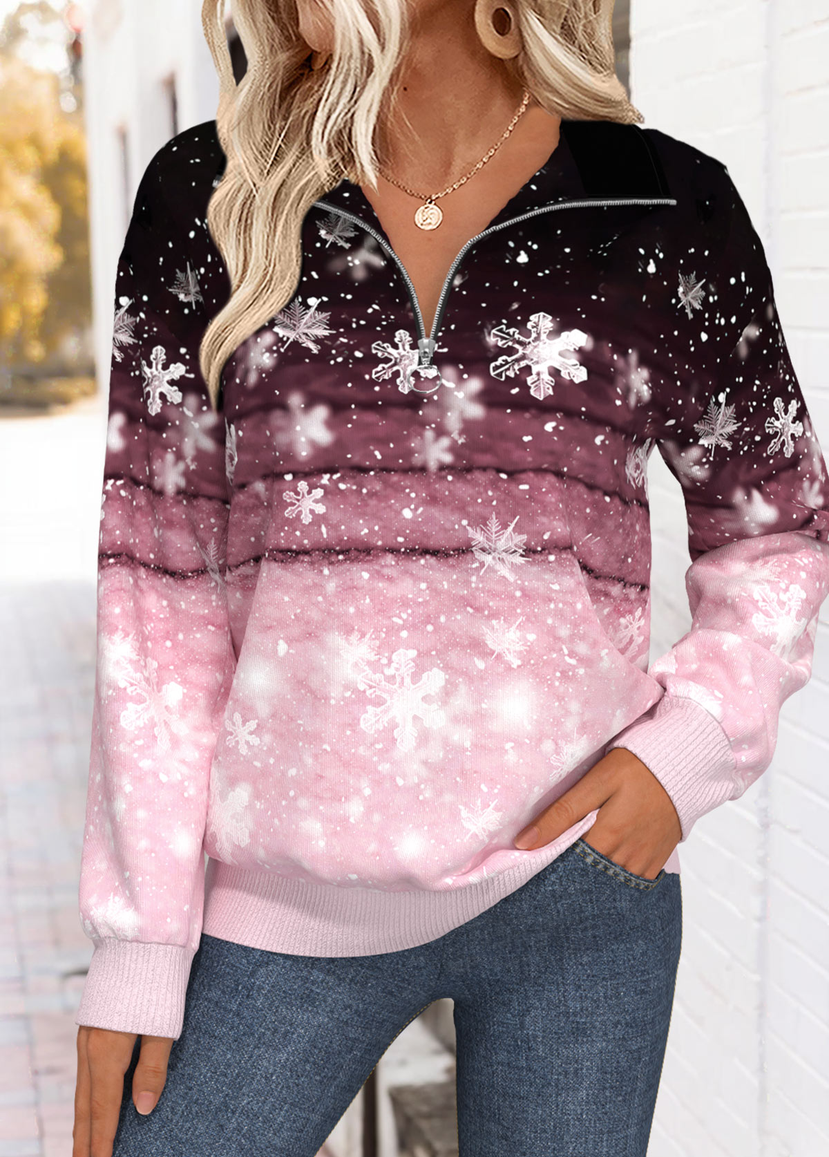 Pink Tummy Coverage Snowflake Print Long Sleeve Sweatshirt | picture 