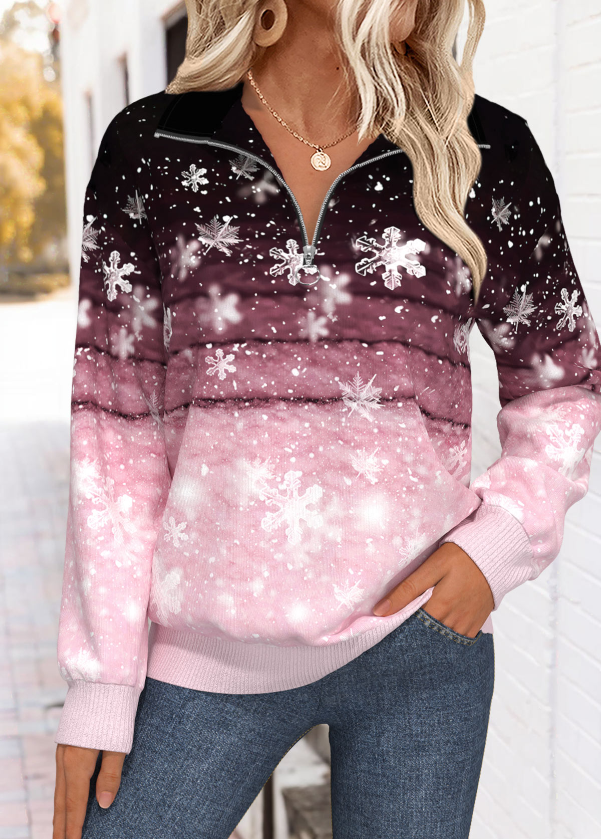 Pink Tummy Coverage Snowflake Print Long Sleeve Sweatshirt | picture 