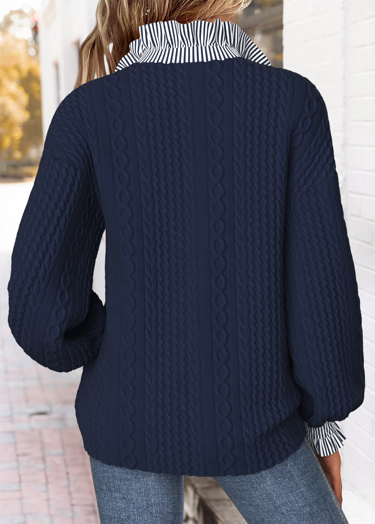 Navy Curved Hem Striped Long Sleeve Stand Collar Sweatshirt | picture 