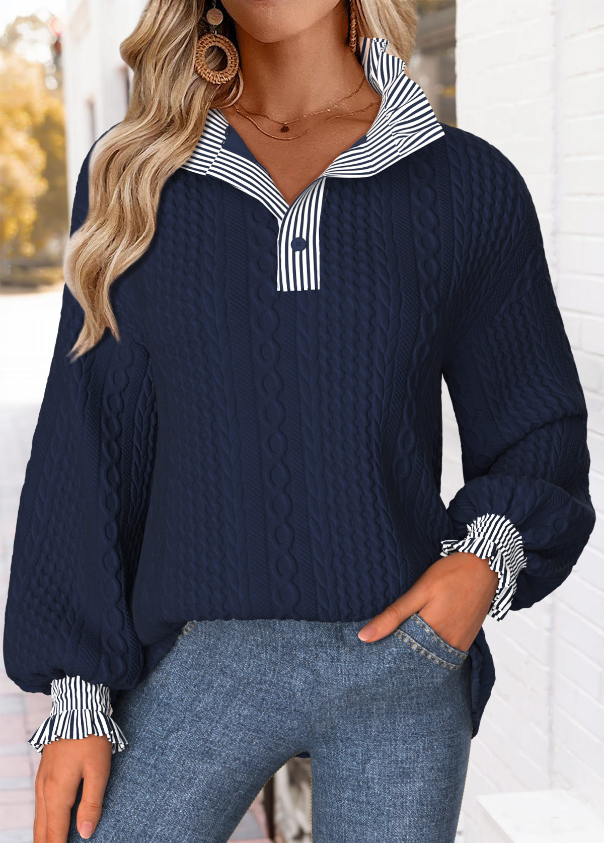 Navy Curved Hem Striped Long Sleeve Stand Collar Sweatshirt | picture 