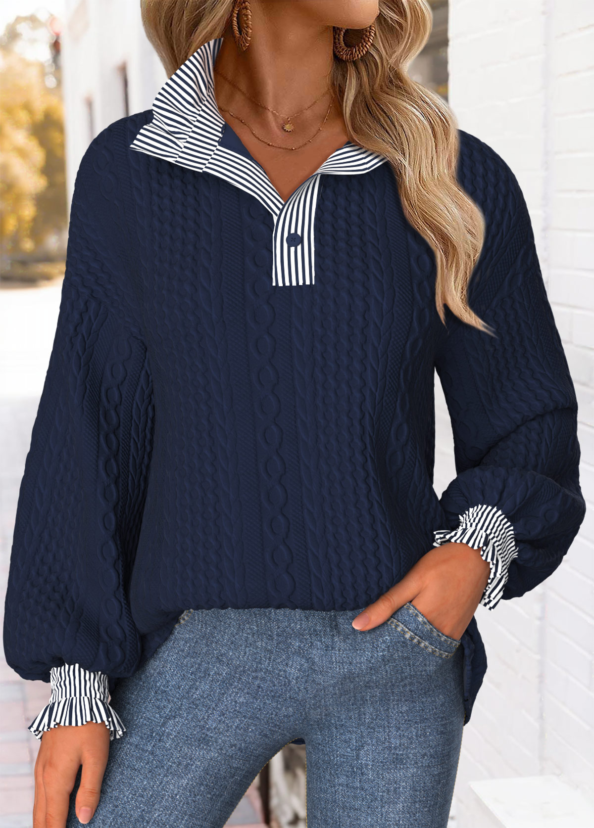 Navy Curved Hem Striped Long Sleeve Stand Collar Sweatshirt | picture 