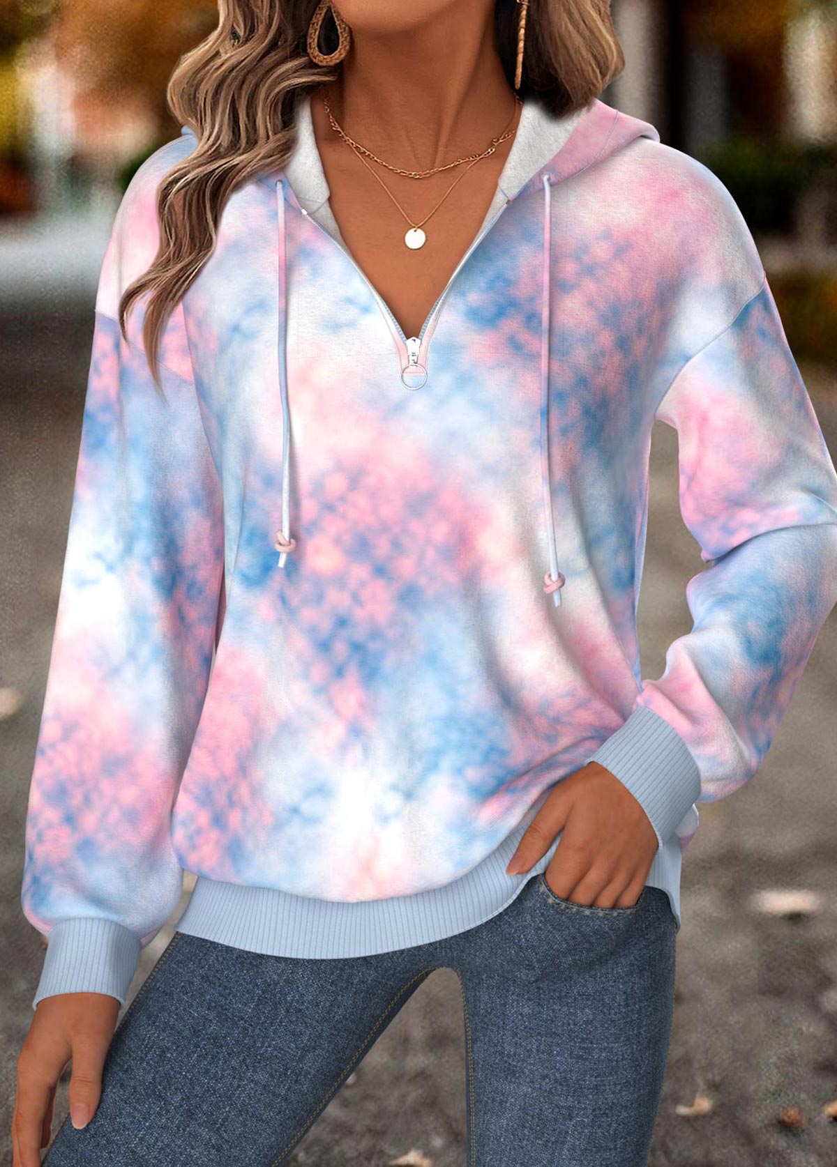 Multi Color Tummy Coverage Tie Dye Print Hoodie | picture 