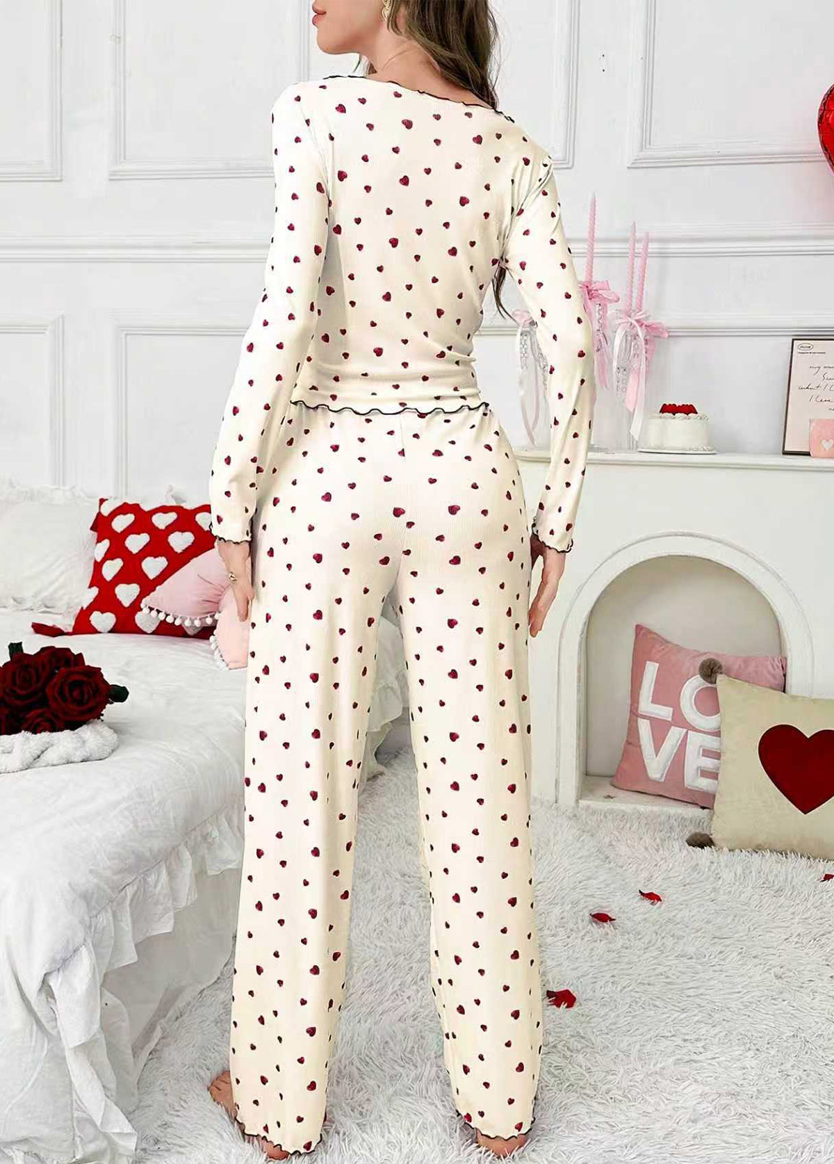 Beige Heart Print Long Sleeve Lounge Top and Pants | picture 