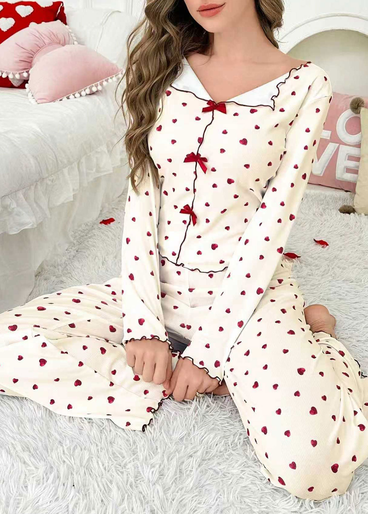 Beige Heart Print Long Sleeve Lounge Top and Pants | picture 