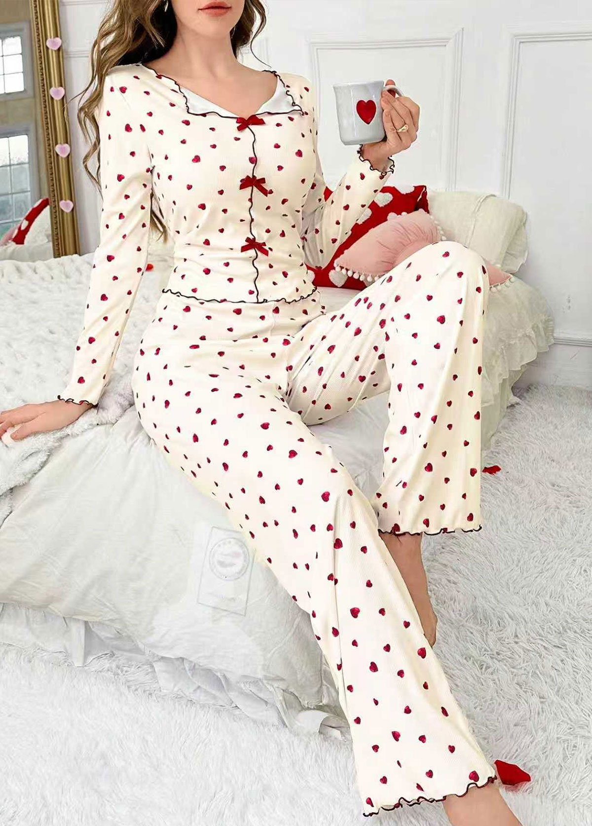 Beige Heart Print Long Sleeve Lounge Top and Pants | picture 