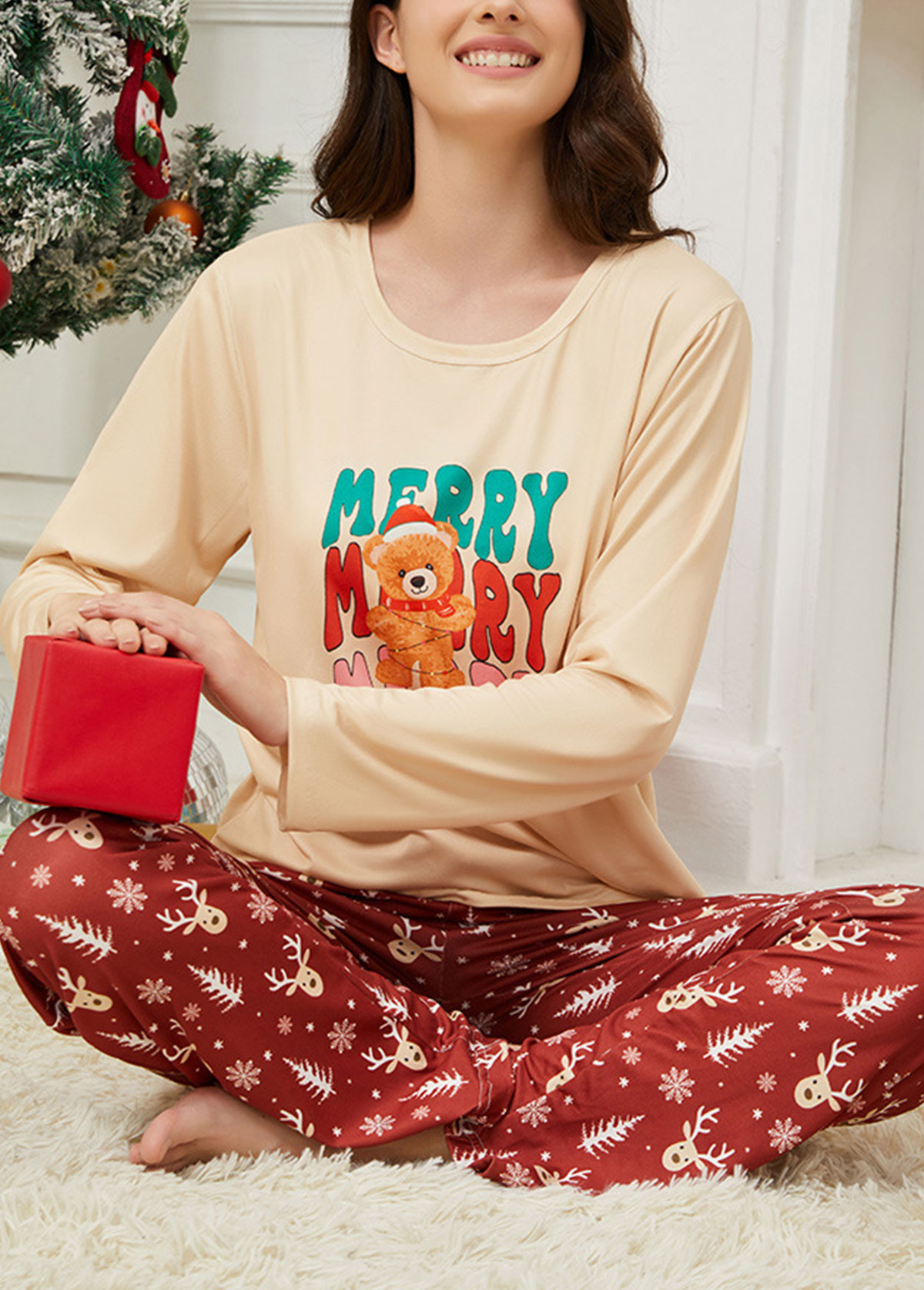 Christmas Deep Red Long Sleeve Lounge Top and Pants | picture 