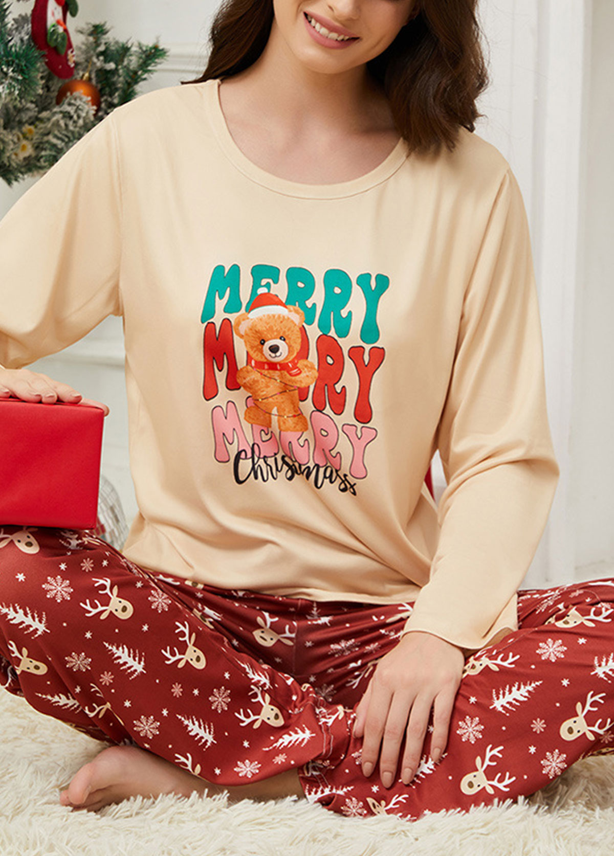 Christmas Deep Red Long Sleeve Lounge Top and Pants | picture 