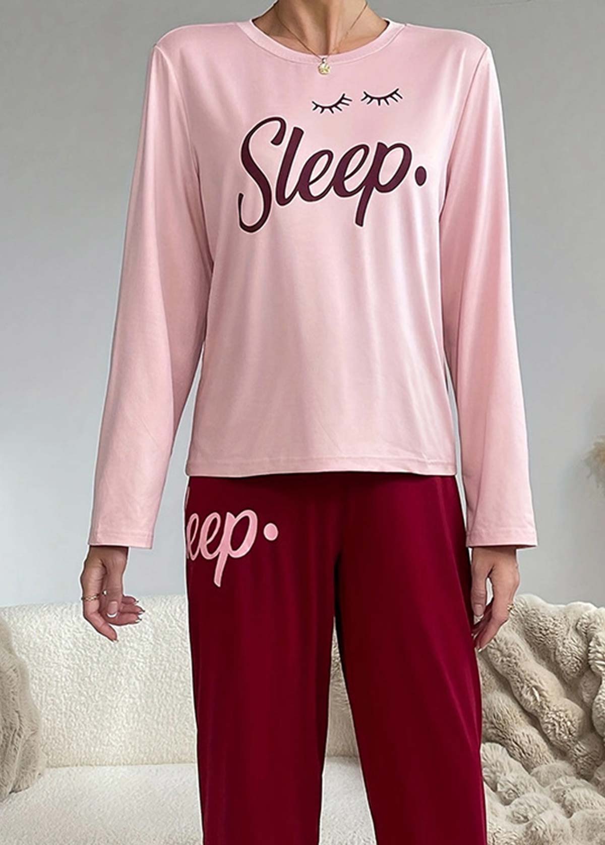 Pink Letter Print Long Sleeve Lounge Top and Pants | picture 