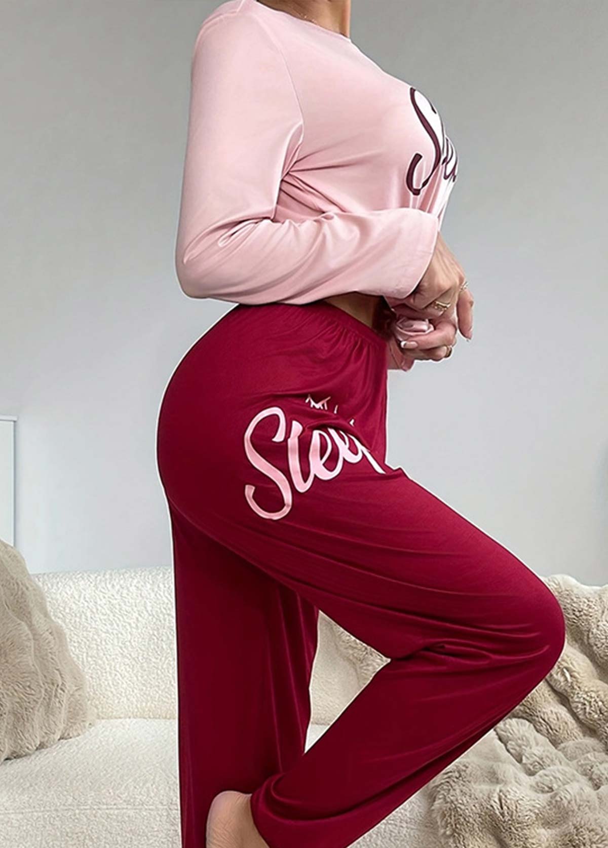 Pink Letter Print Long Sleeve Lounge Top and Pants | picture 