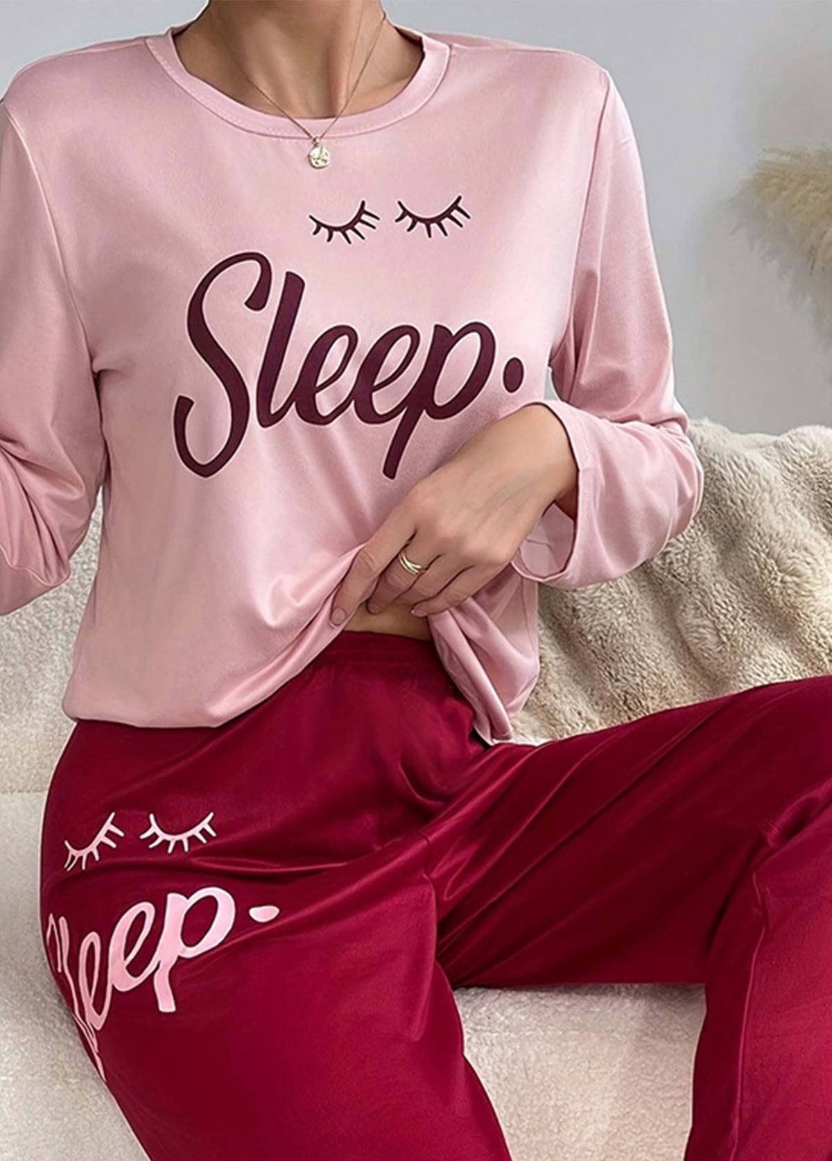 Pink Letter Print Long Sleeve Lounge Top and Pants | picture 
